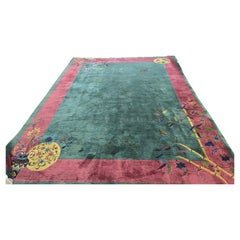 1920s Art Deco Nichols Chinese Green Botanical Rug 9x11.6