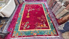 1920s Art Deco Nichols Chinese Green Botanical Rug 9x11.6