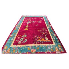 1920s Art Deco Nichols Chinese Green Botanical Rug 9x11.6