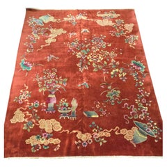 1920s Art Deco Nichols Chinese peach Botanical Rug 9x11.6