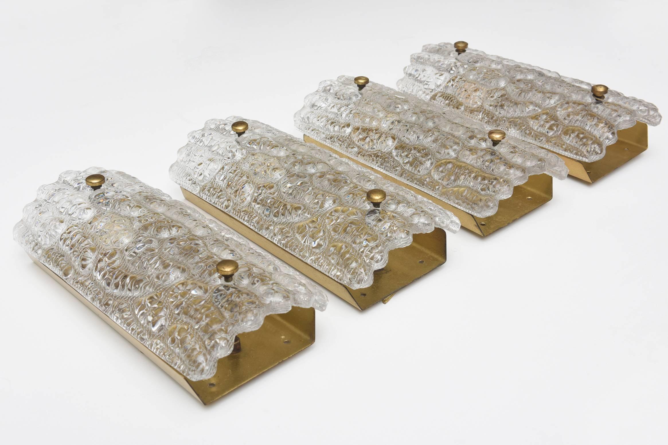 Brass Set of Four Vintage 1960s Orrefors Crystal Wall Sconces by Carl Fagerlund For Sale