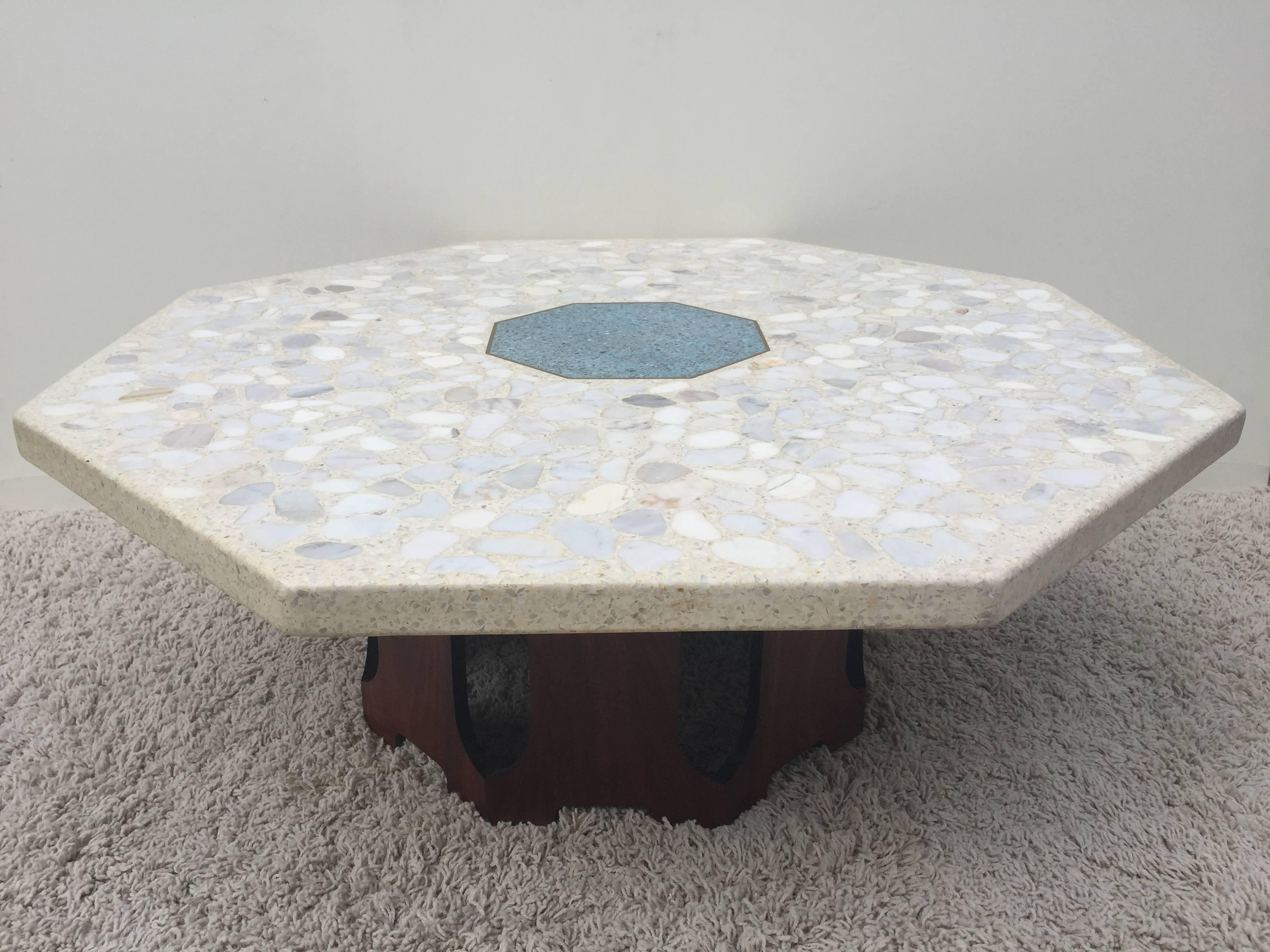 Harvey Probber highly unusual, terrazzo top cocktail table octagon shape with bronze inlaid top surrounding a crushed turquoise stone centre, together with a pedestal walnut
Open worked base.