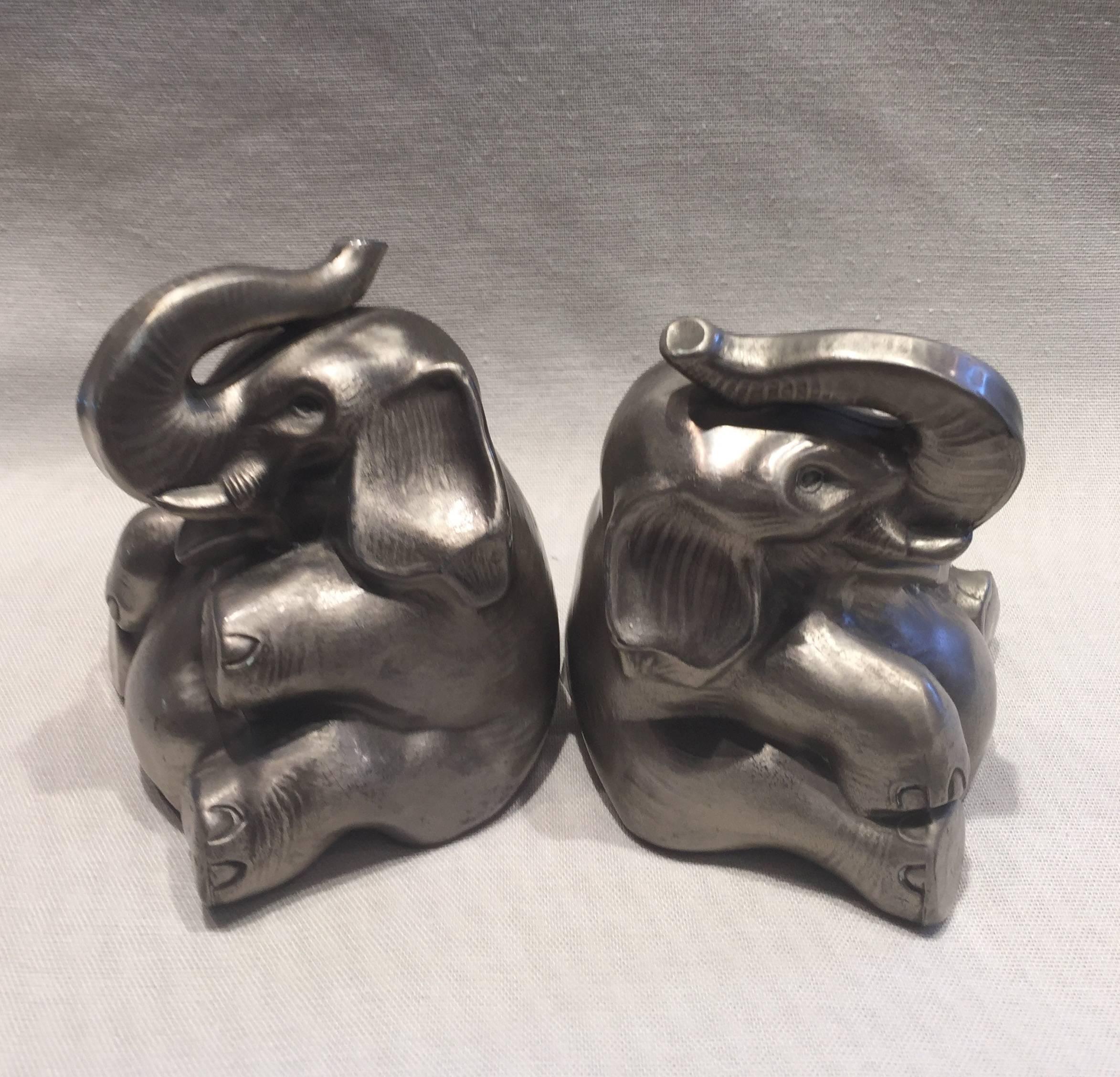 Pair of Art Deco Nuart Silver Finish Elephant Book Ends In Excellent Condition In Westport, CT
