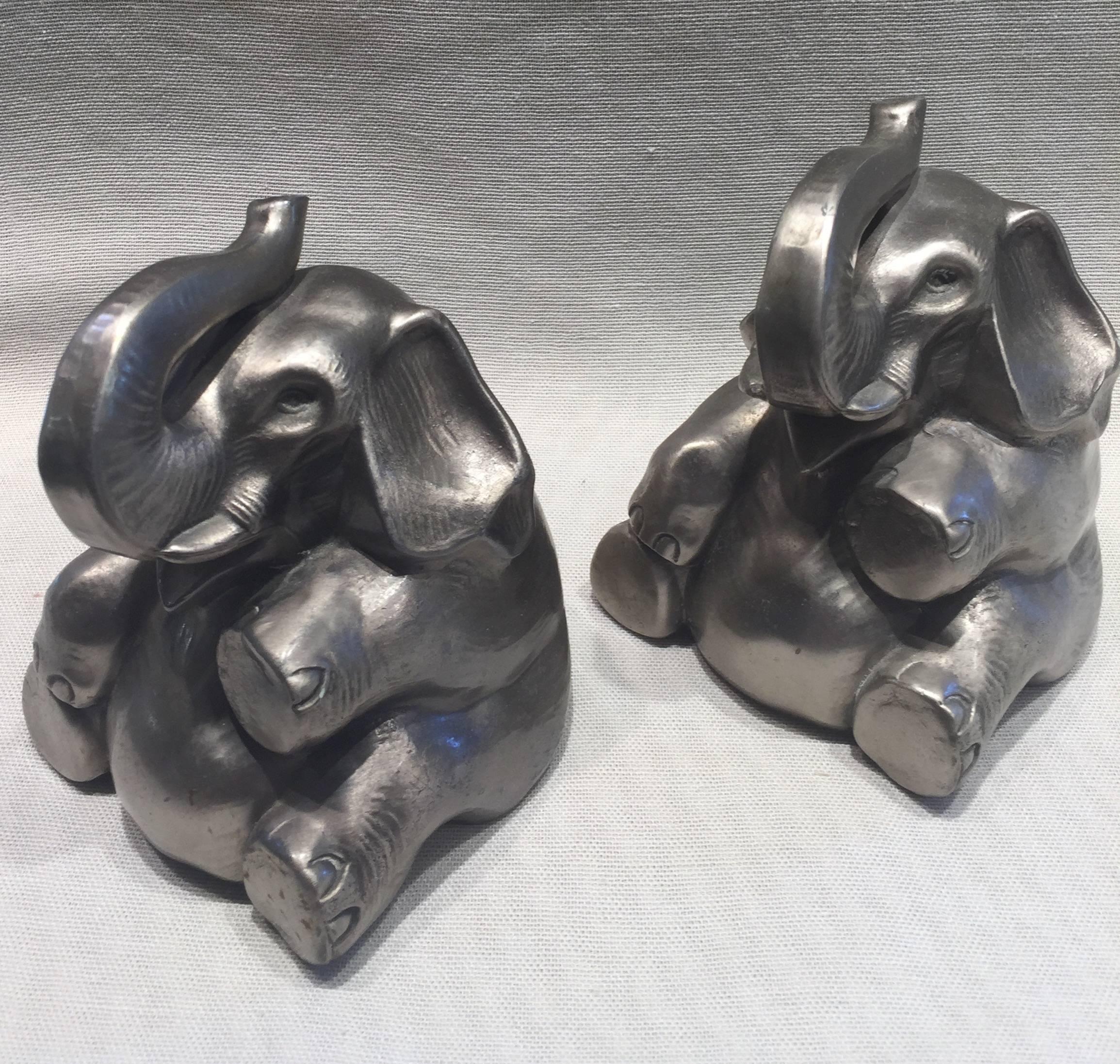 Silvered Pair of Art Deco Nuart Silver Finish Elephant Book Ends