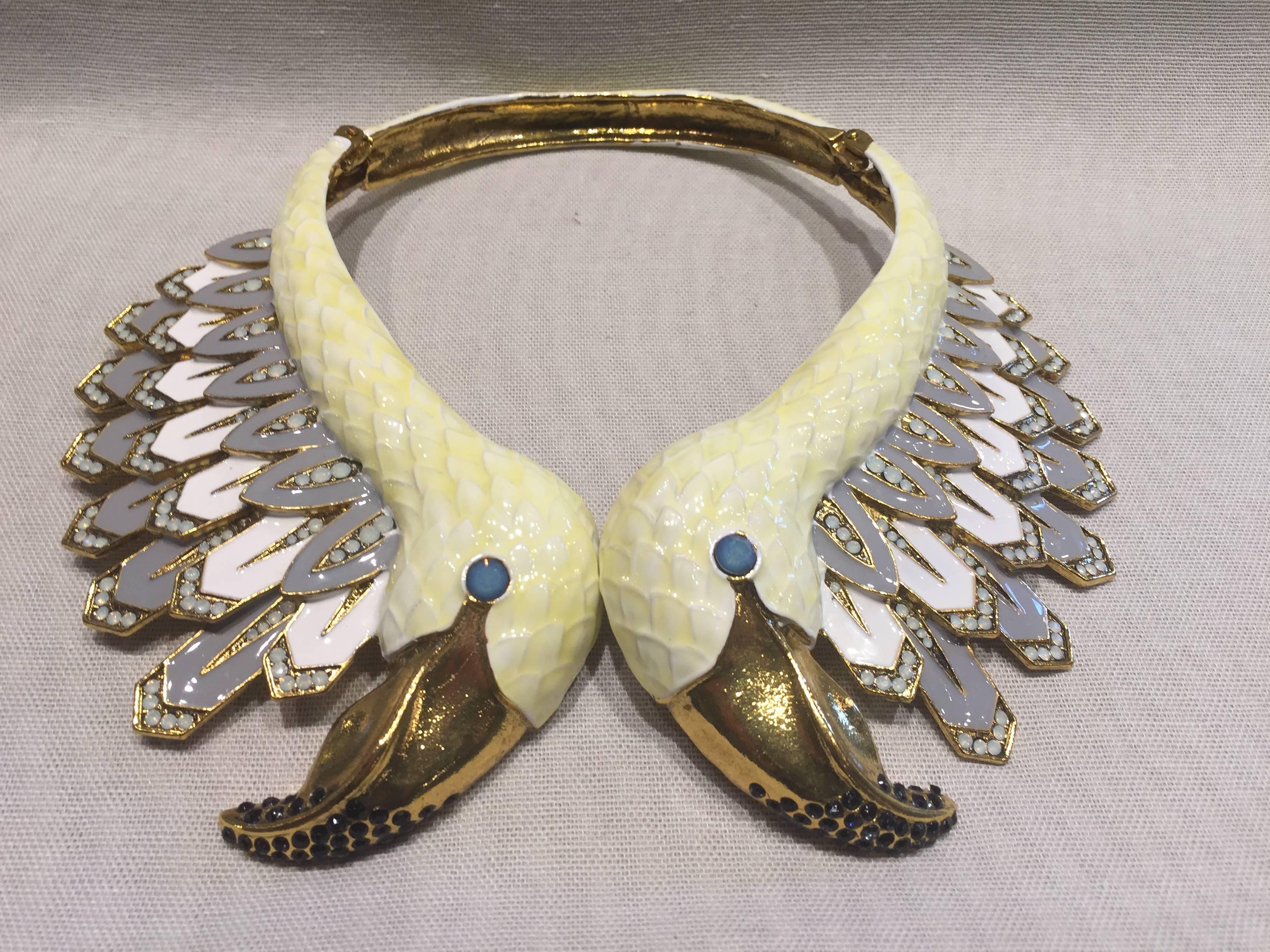 Large Christian Lacroix runway swan head necklace, enameled and faux jeweled, crossover gilt metal design. Rare unsigned.