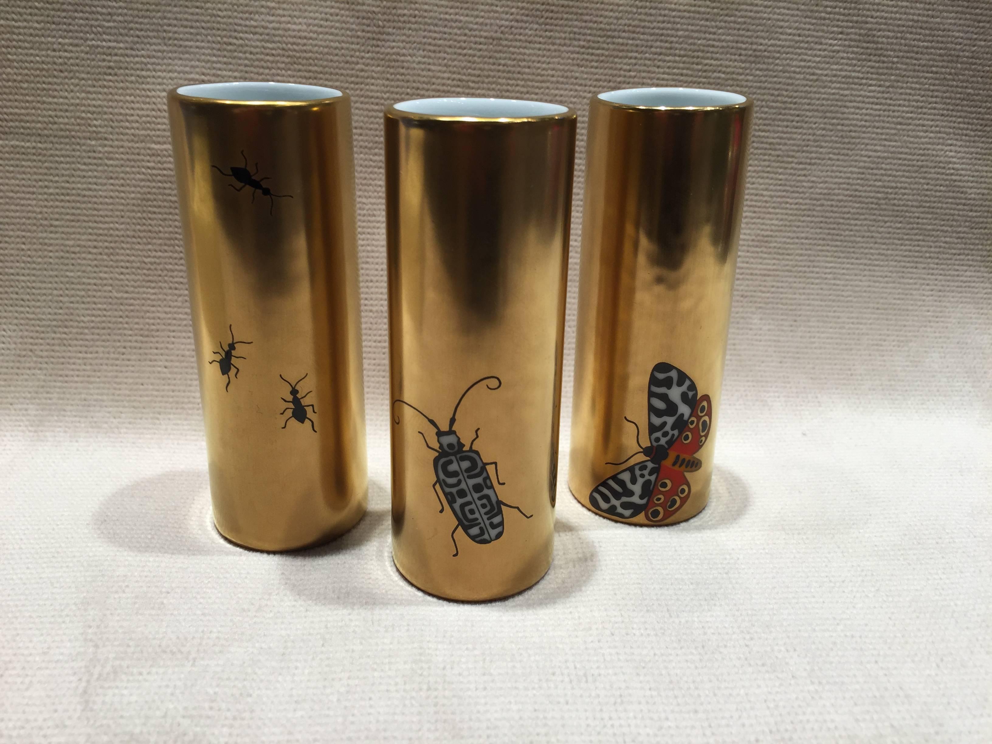 Angela Cummings set of three miniature hand-painted gold leaf vases in original box with label, hand-painted one with ants, one with butterfly and one with beetle, beautiful delicate porcelain Art Nouveau design.