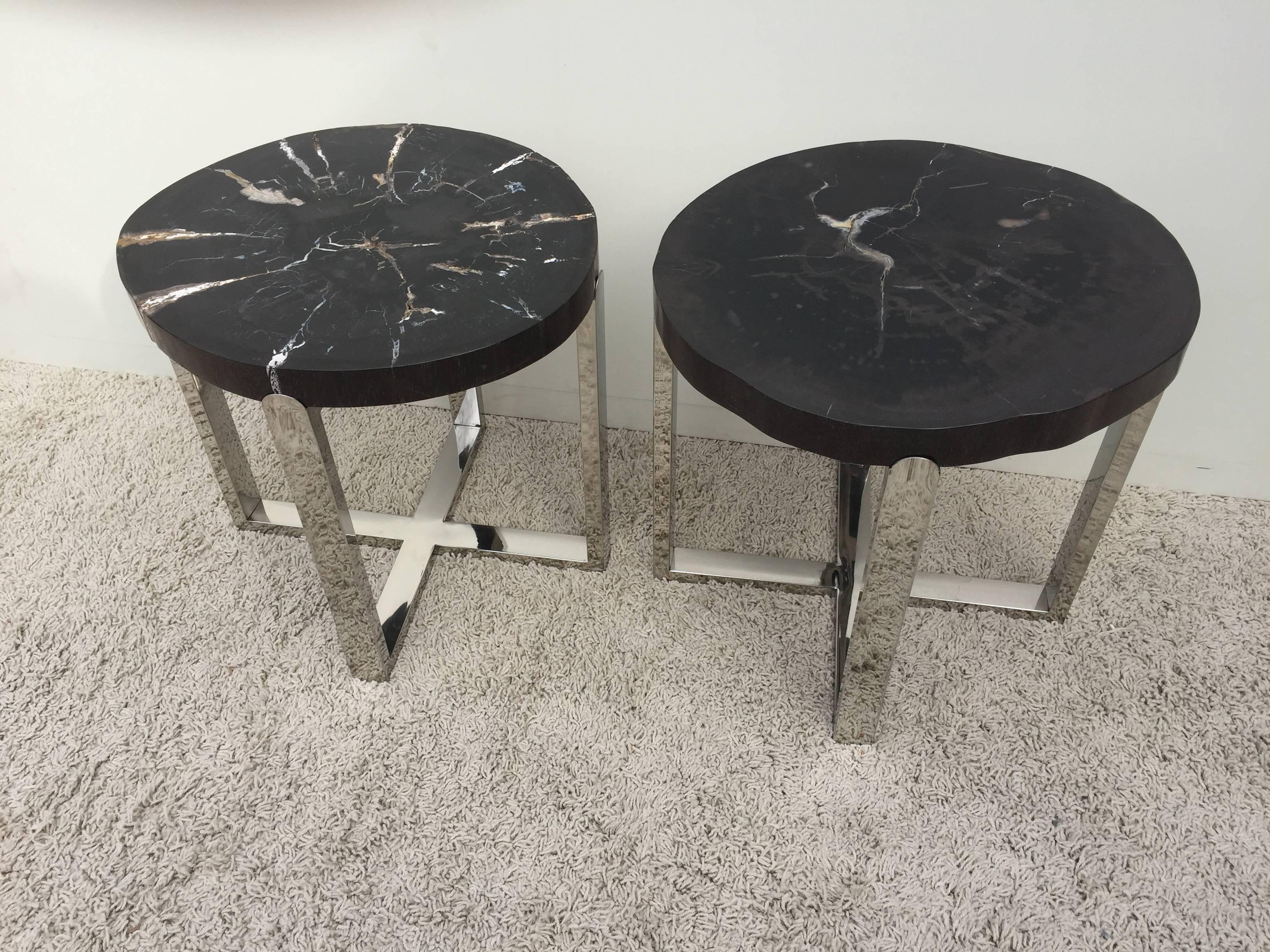 American Pair of Petrified Wood Black & Crème Vein Top Chrome Handmade Petite Side Tables For Sale