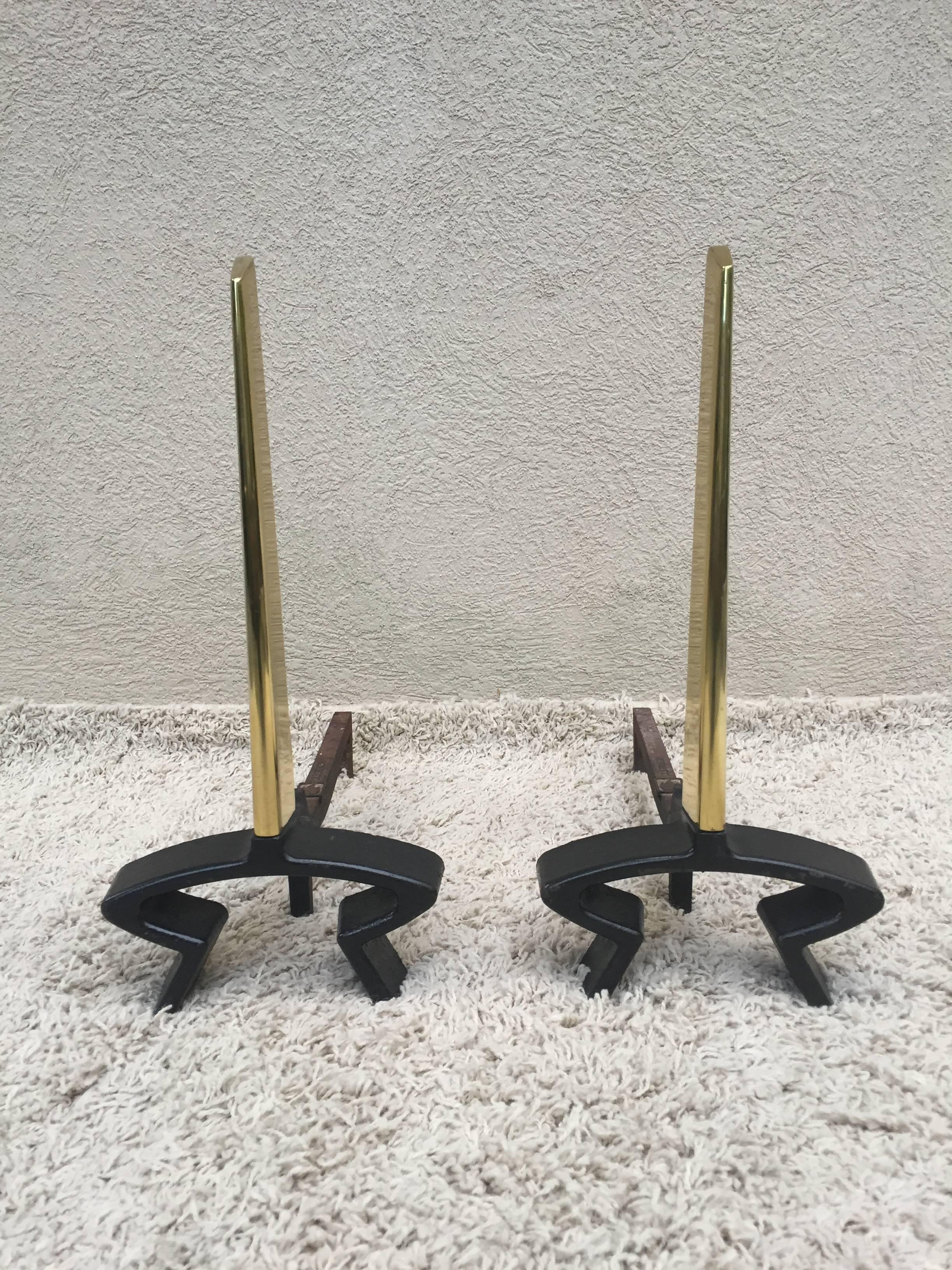 Donald Deskey Fireplace Andirons, Tool Utensils set Made By Bennet Co,Wrought iron and brass All original.

Measurements andirons 19