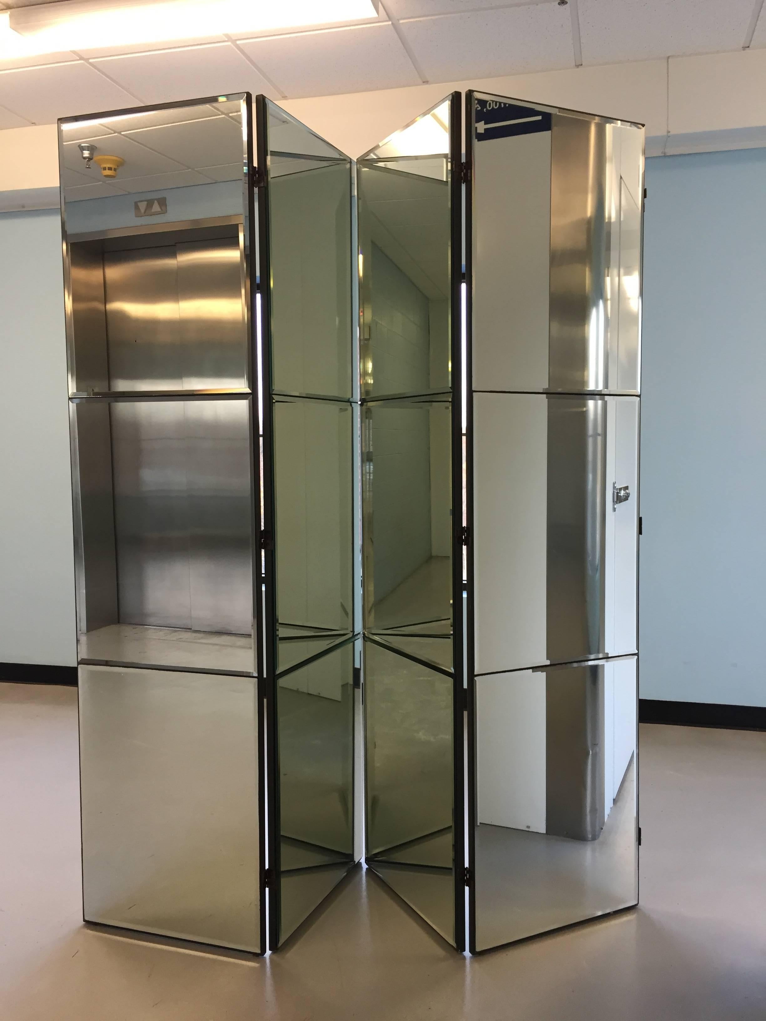 1950s large beveled square four panel screen room divider, with a creme colored painted back, in all original condition.

Overall measurements wide 19.75 each panel when angled takes up less than 80