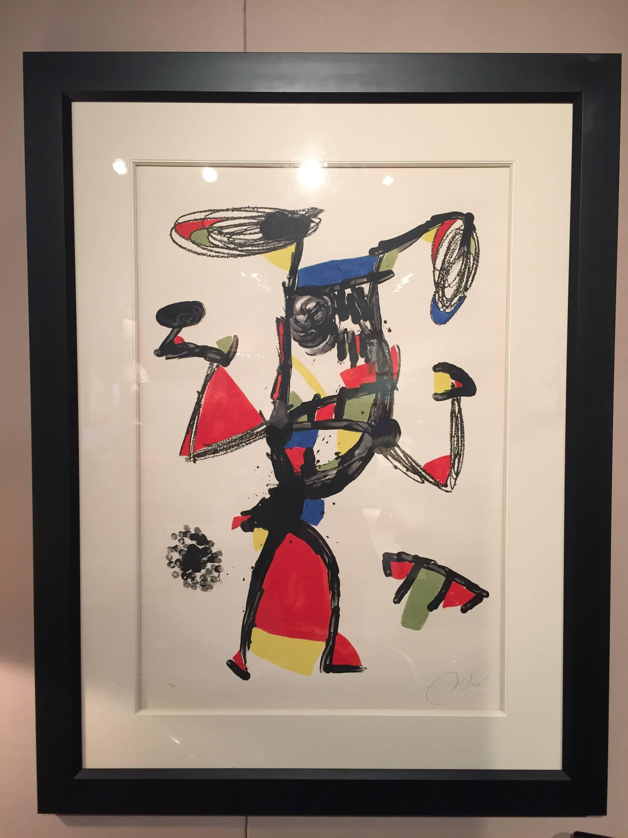 Joan Miro Majorette color lithograph pencil signed lower right, numbered 16/75 in a beveled black wide frame,under glass 51'' tall by 38'' wide.
Joan Miro 1893-1983 Spanish painter and world famous artist.