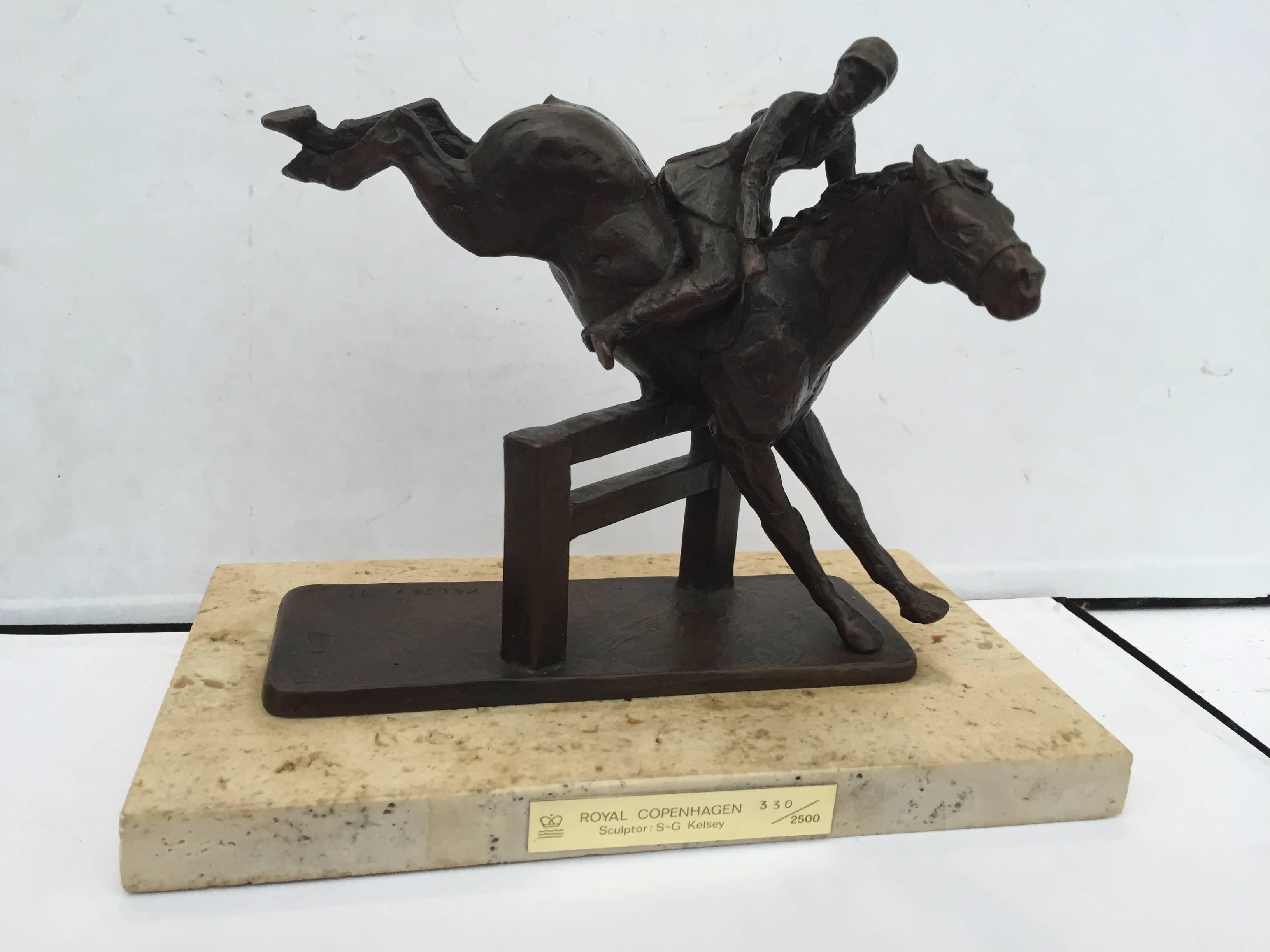 Sterett-Gittings Kelsey bronze girl with horse jumping, on marble base 1977 for Royal Copenhagen with plate dated and numbered 126/2500.
