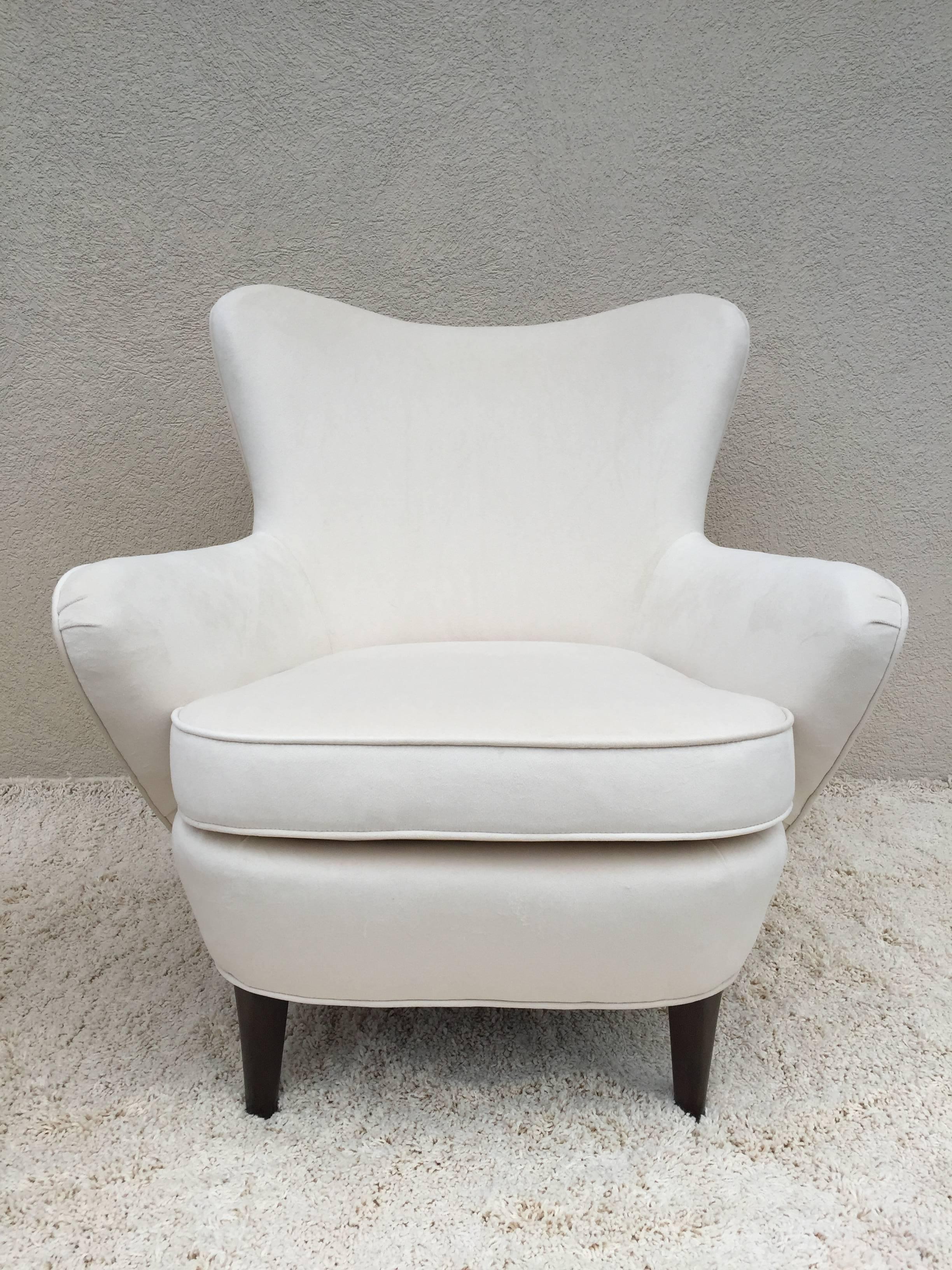 Pair Rare Ernst Schwadron Club Chairs for Rena Rosenthal, NYC,
Upholstered in a off White Velvet finish Fabric, Brown Walnut  Legs.Ernst Schwadron was an Architect and Interior in Austria Circa 1930's,then in America working  with Vladimir Kagan