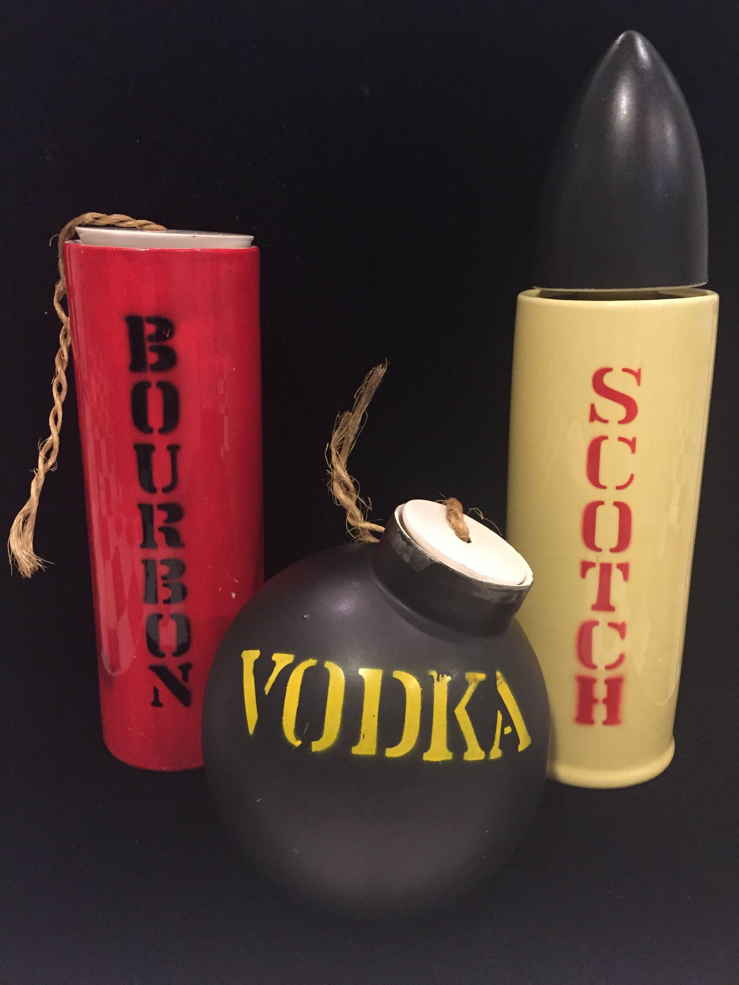 Mid-Century Modern Davar Bar Decanter Set Bourbon Dynamite, Vodka Bomb, Scotch Bullet