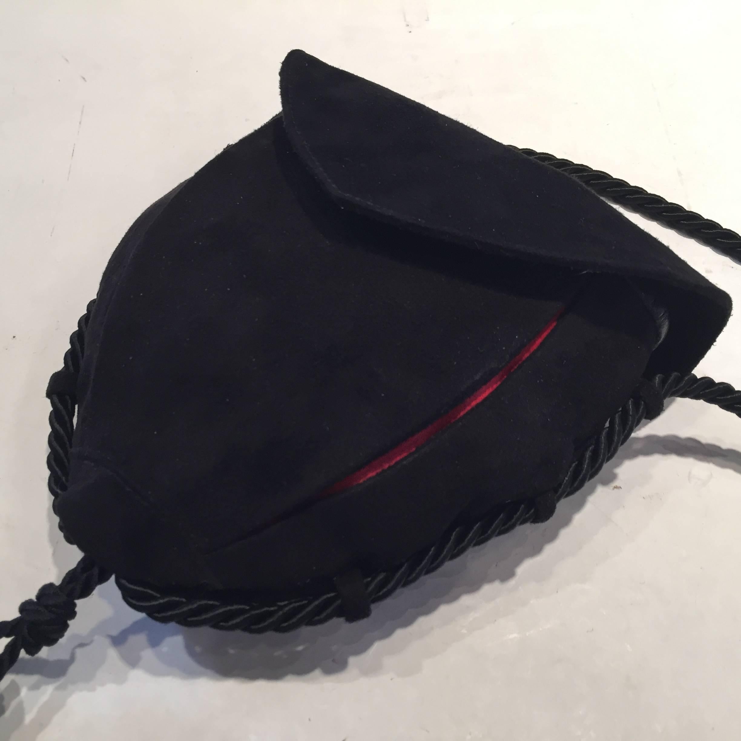 Mid-Century Modern Harry Winston Rare Black and Red Suede Leather Trim Purse/Pocketbook For Sale