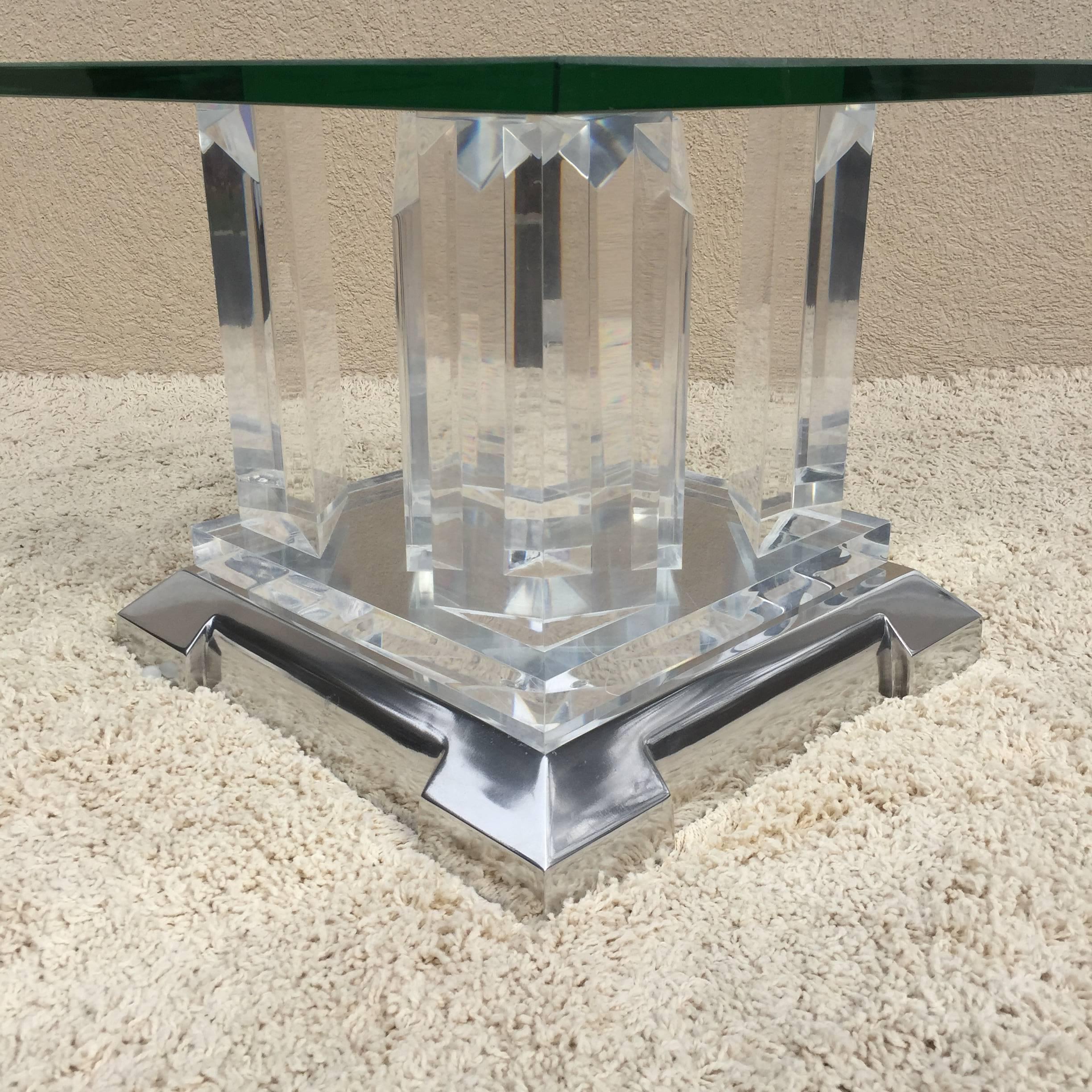 Jeffrey Bigelow Towers  side table with polished aluminum base and Lucite columns, thick 1'' original glass with slight frosted edge. All original.