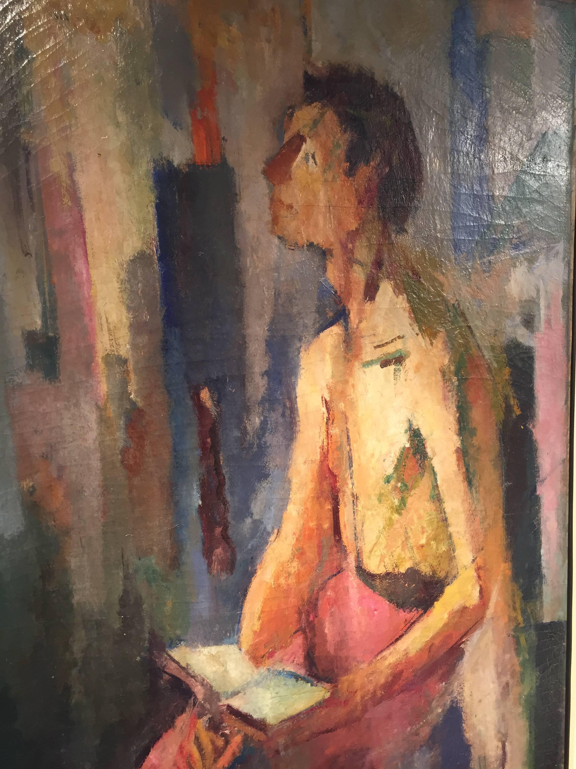 Ciro Oduber Arosemena painting title "Seated Man," dated 1950.
Panama, Born 1921-d 2000 oil on canvas.
Exhibited Museum of Contemporary Art Panama 6/15/92.
with original Inventory Number and price tag $9500.