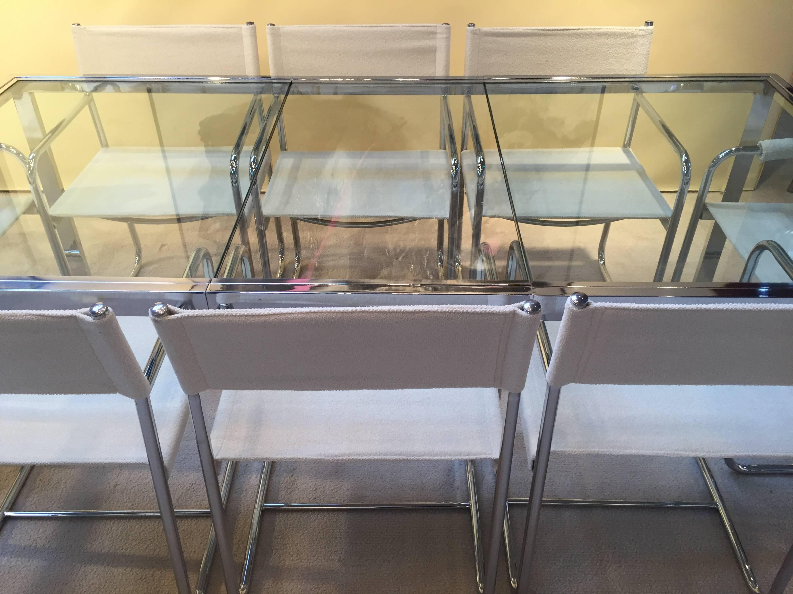 Milo Baughman Polished Chrome Glass Extension Table with 8 Armchair Dining Set In Excellent Condition In Westport, CT