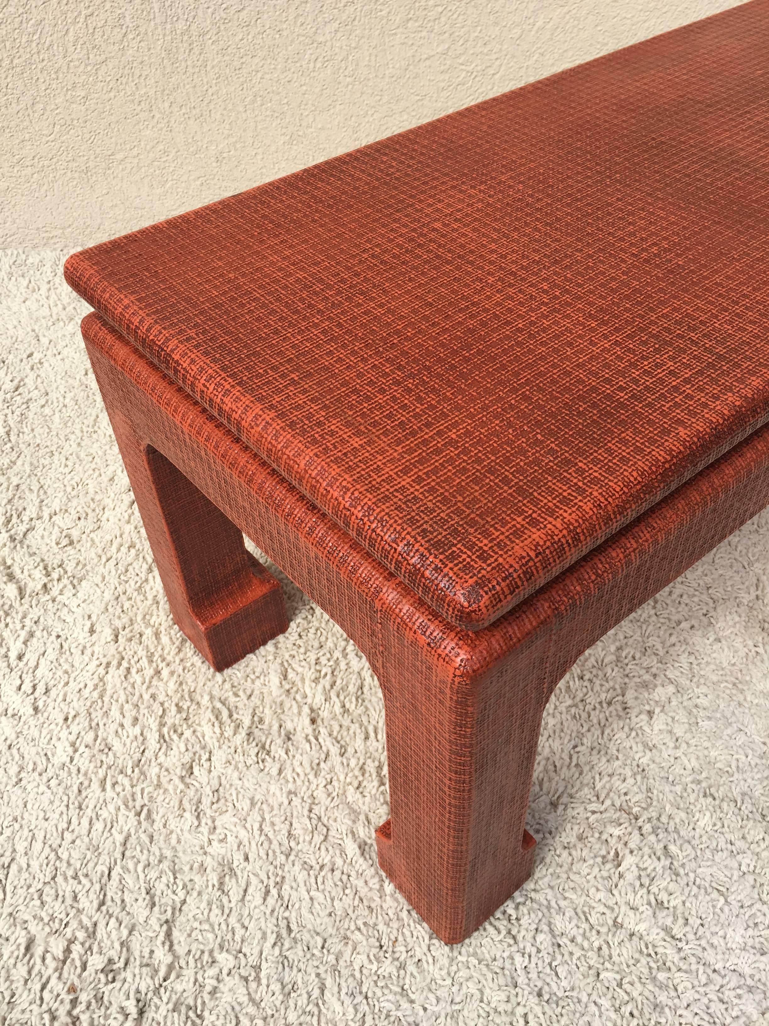 20th Century Karl Springer Style Grass Cloth Petite Table or Bench, Orange Lacquer For Sale