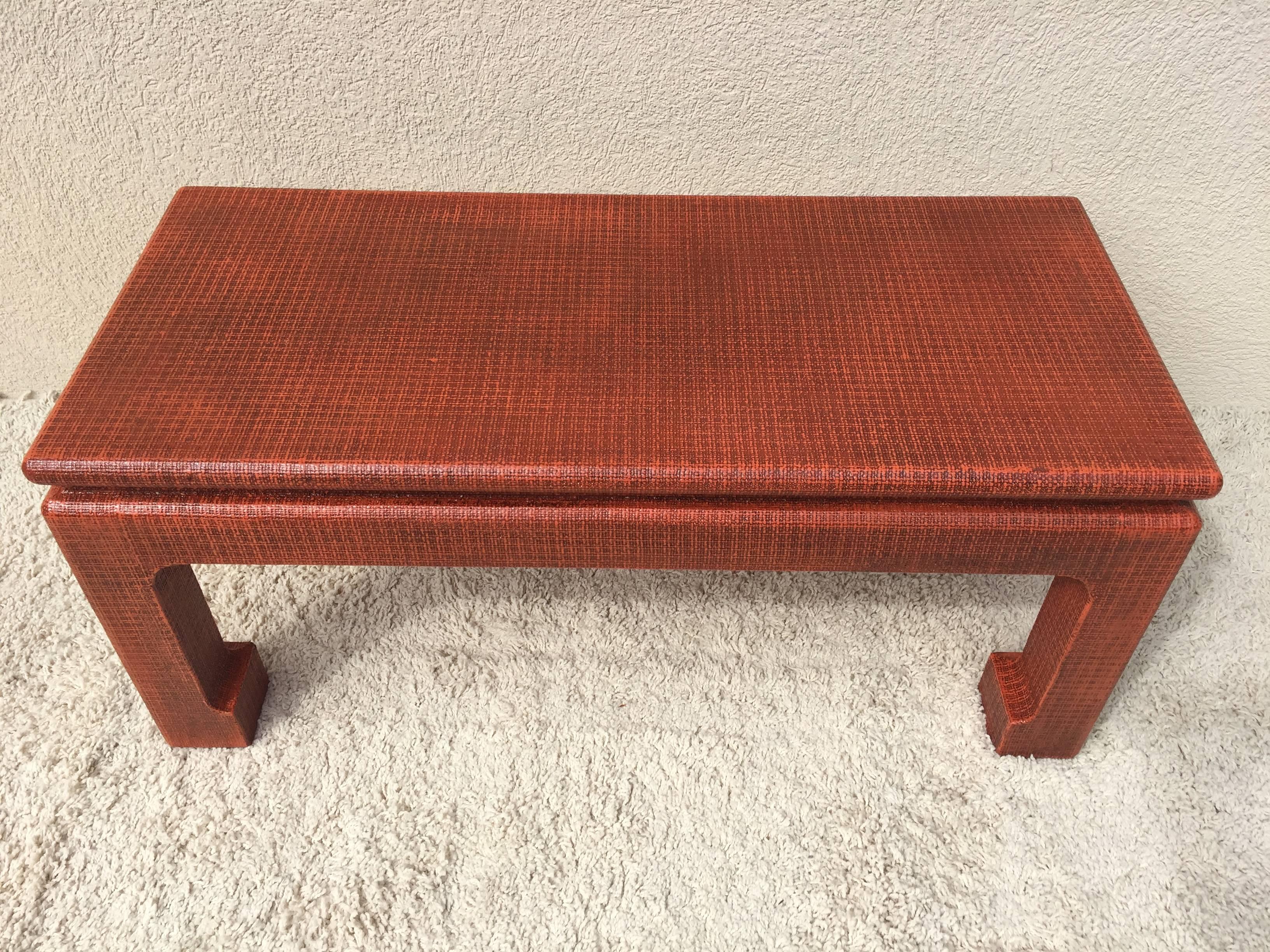 Mid-Century Modern Karl Springer Style Grass Cloth Petite Table or Bench, Orange Lacquer For Sale