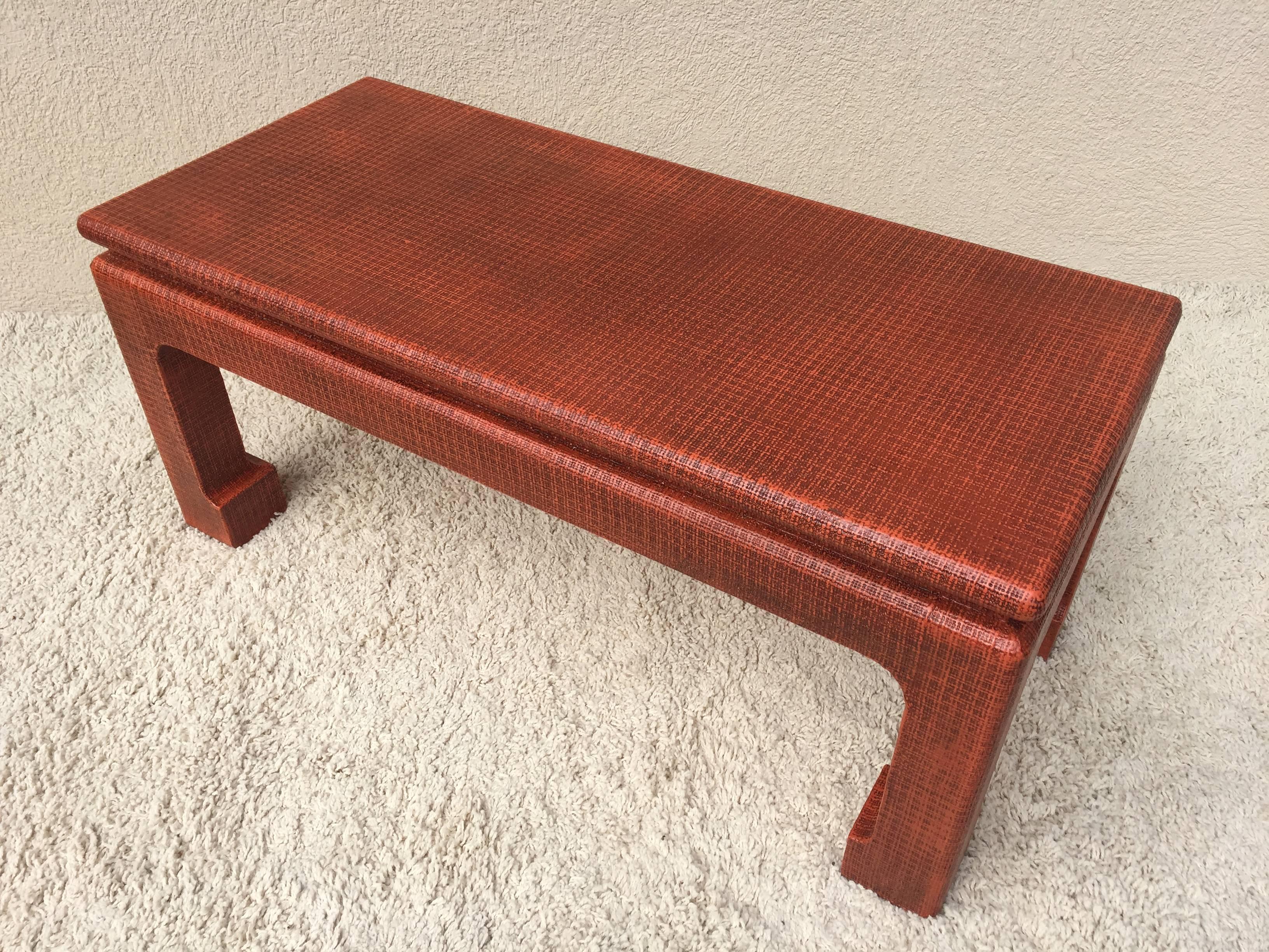 American Karl Springer Style Grass Cloth Petite Table or Bench, Orange Lacquer For Sale