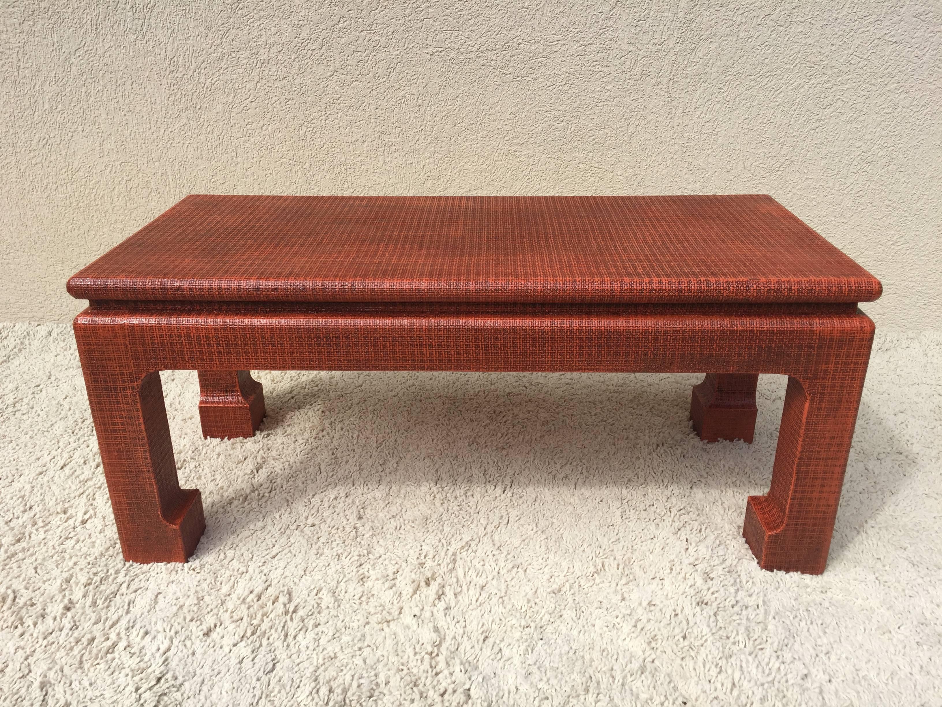 Karl Springer style orange lacquer grass cloth parsons petite table or bench, in very fine condition, no marking but from a home decorated by Karl Springer in Bridgehampton LI.