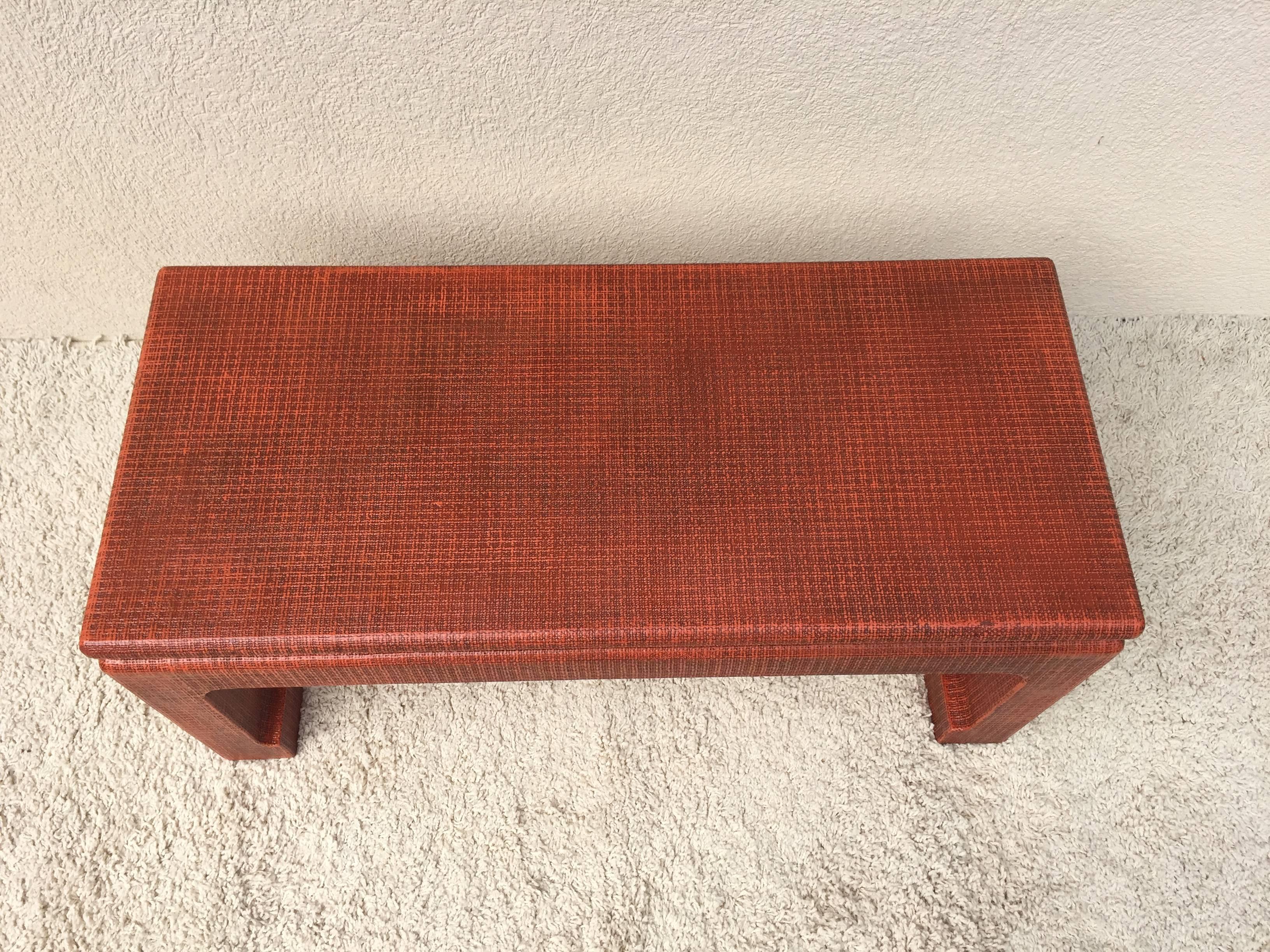 Karl Springer Style Grass Cloth Petite Table or Bench, Orange Lacquer In Excellent Condition For Sale In Westport, CT