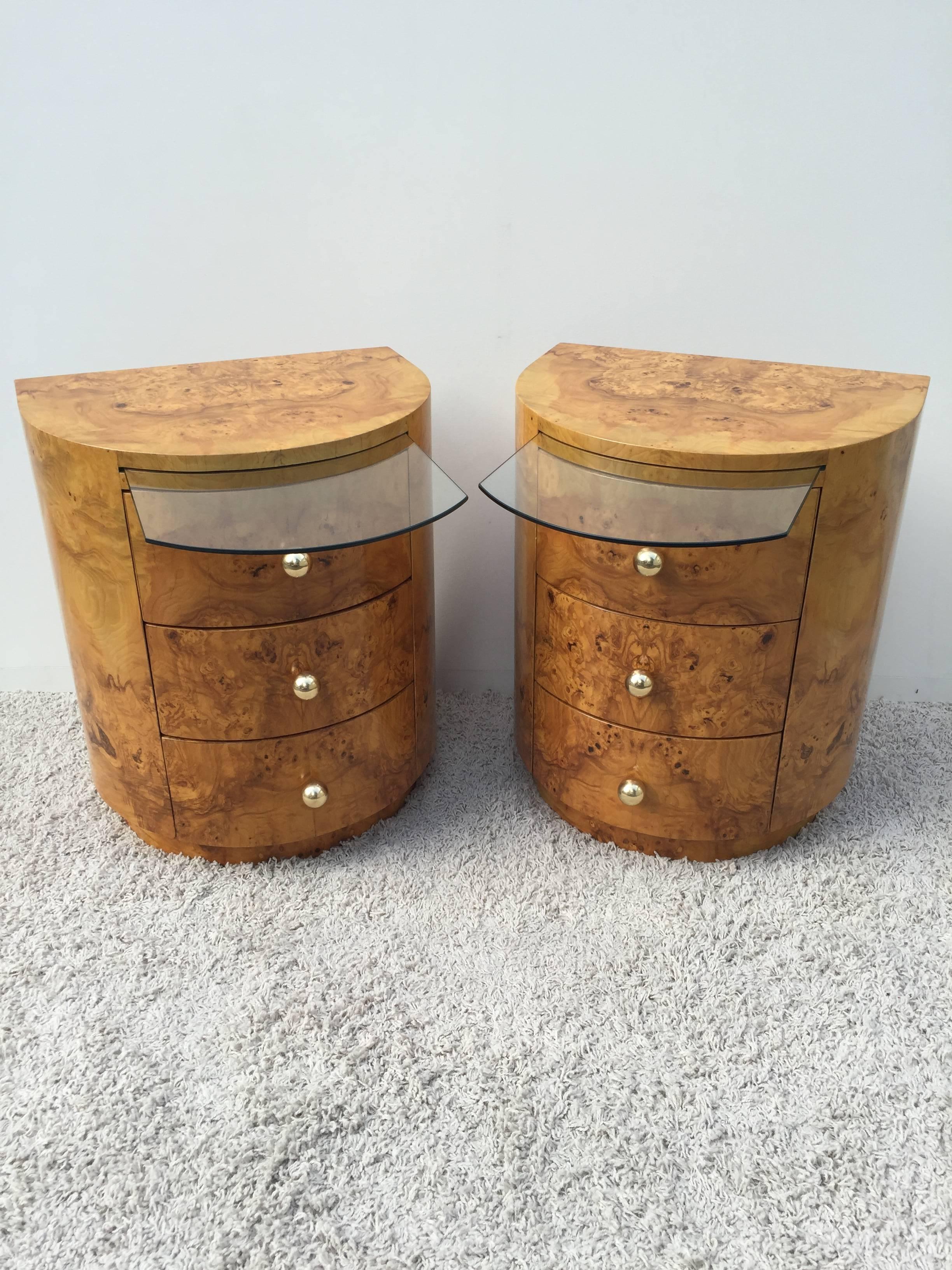 Rare Milo Baughman olive wood bookmatched nightstand/end tables with polished brass ball pulls and inset glass pull-out shelf, in exceptional original condition, French polished.