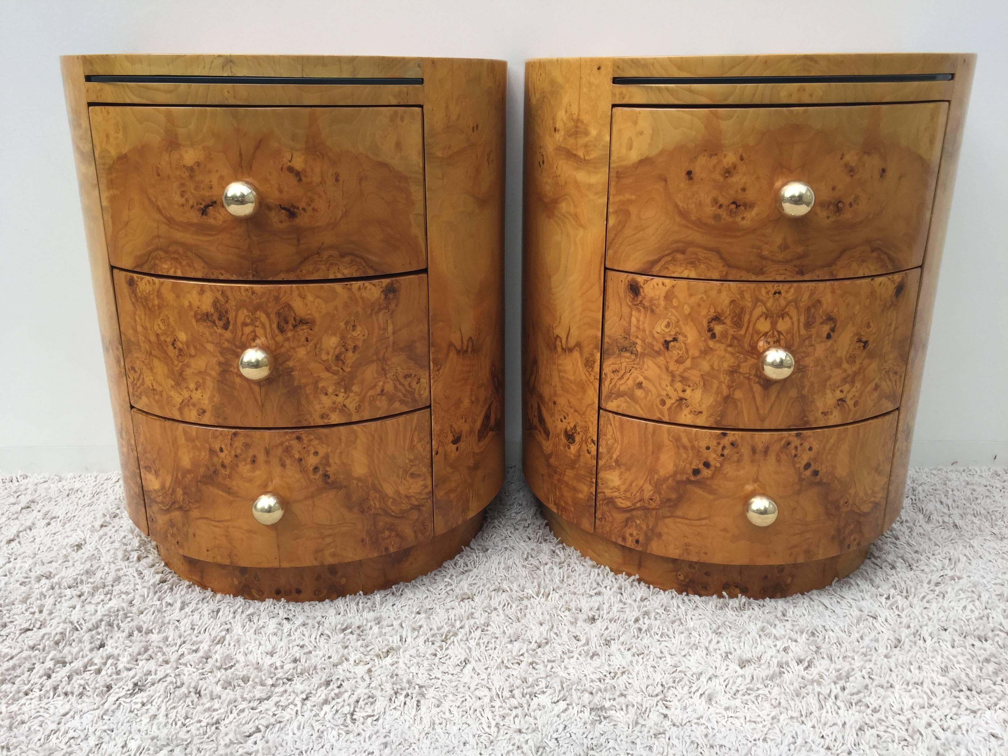 American Milo Baughman Pair of Rare Olive Wood Bookmatched Nightstands/End Tables