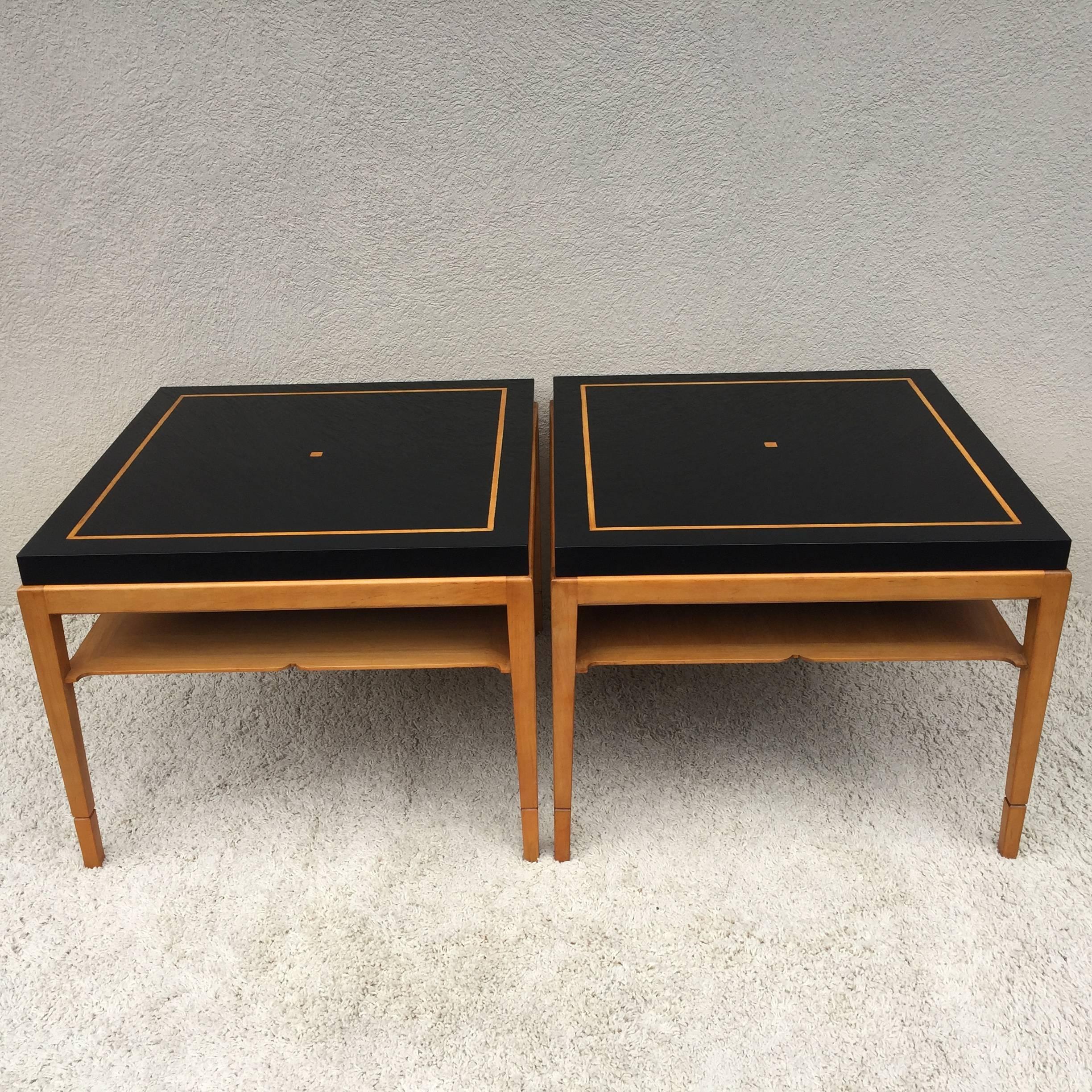 Pair Tommi Parzinger for Parzinger Originals two-tier Hollywood inlaid dark walnut top tables, end tables/ nightstands, in hand rubbed finish.