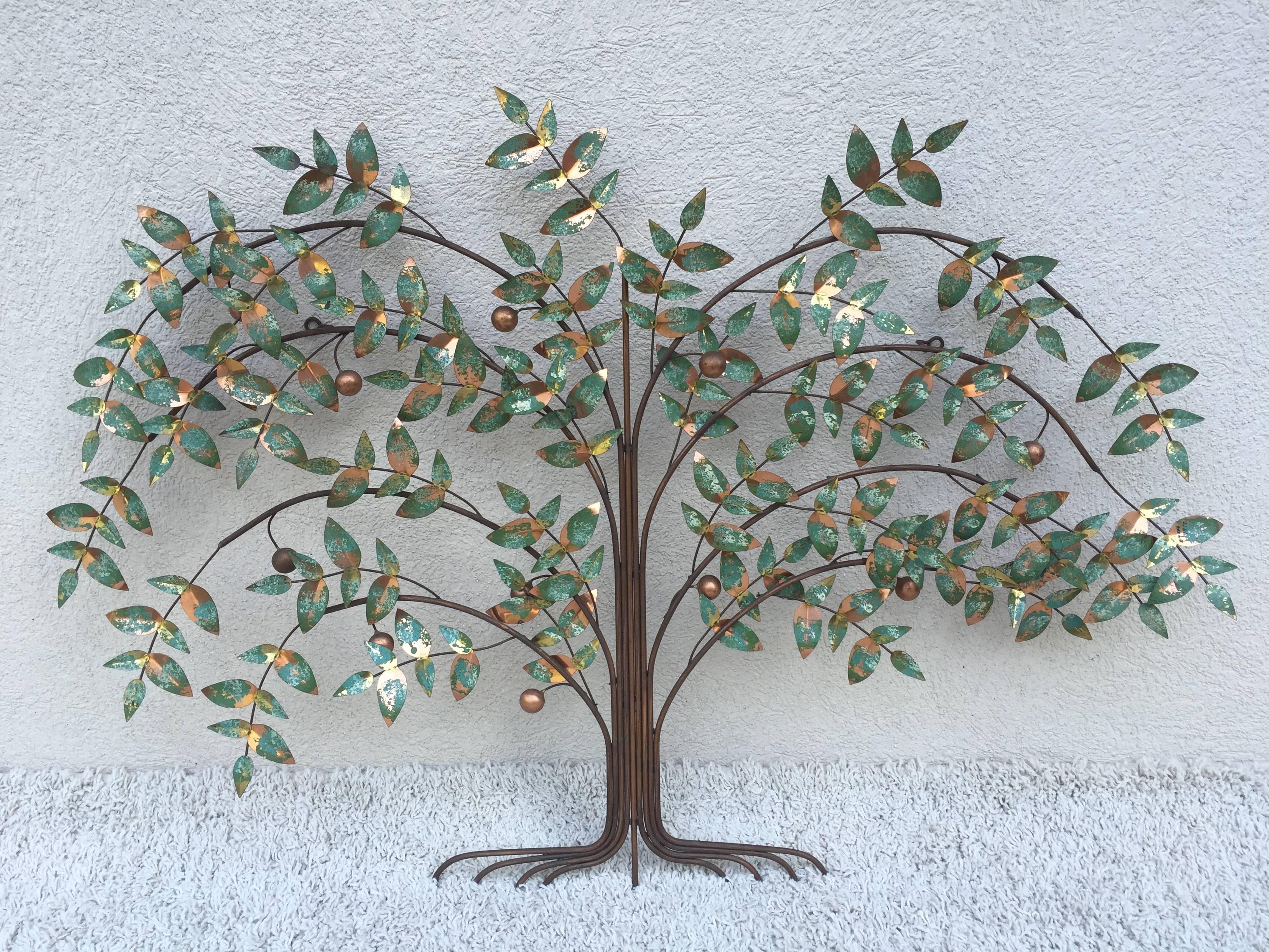 Curtis Jere tree of life wall sculpture, in copper and green patina and brass highlights, dated 1977, in original condition.