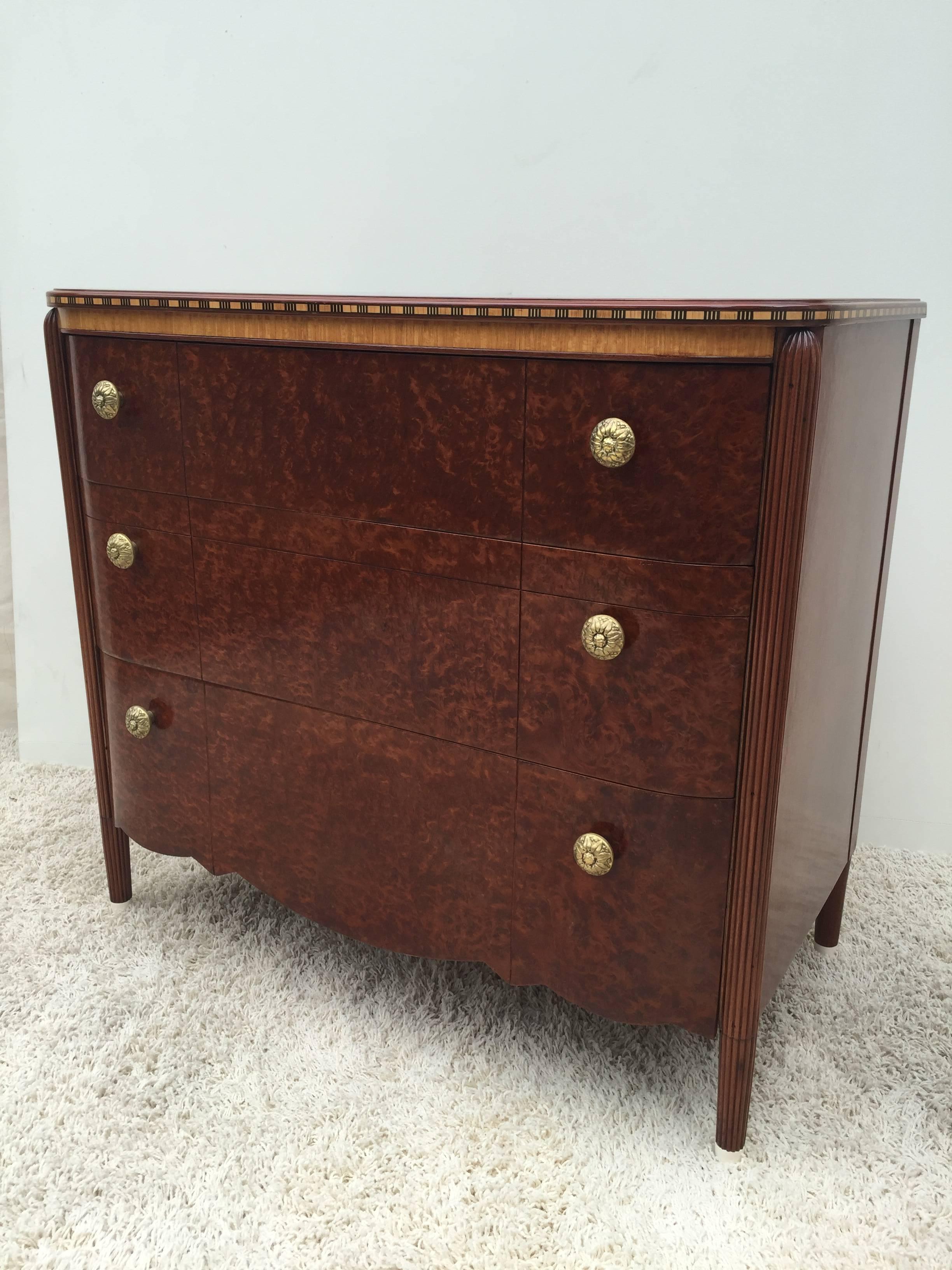 Woodwork Art Deco French Burled Inlaid Dresser or Bureau For Sale