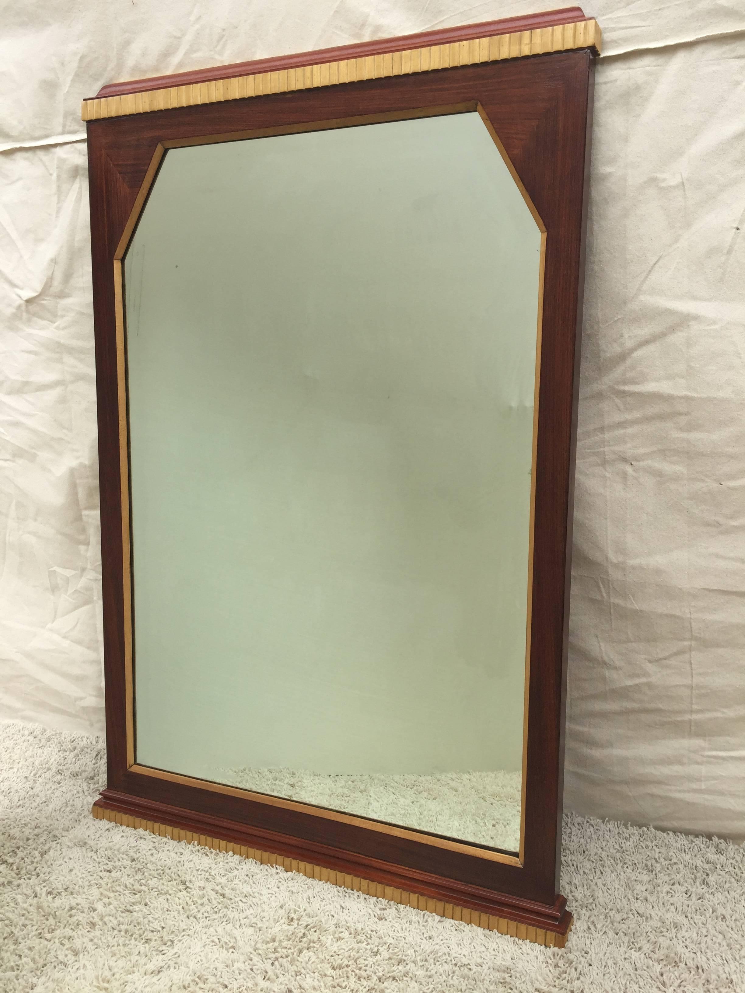 Art Deco French mahogany and birch trim beveled mirror. in a separate listing is the chest of draws/bureau.