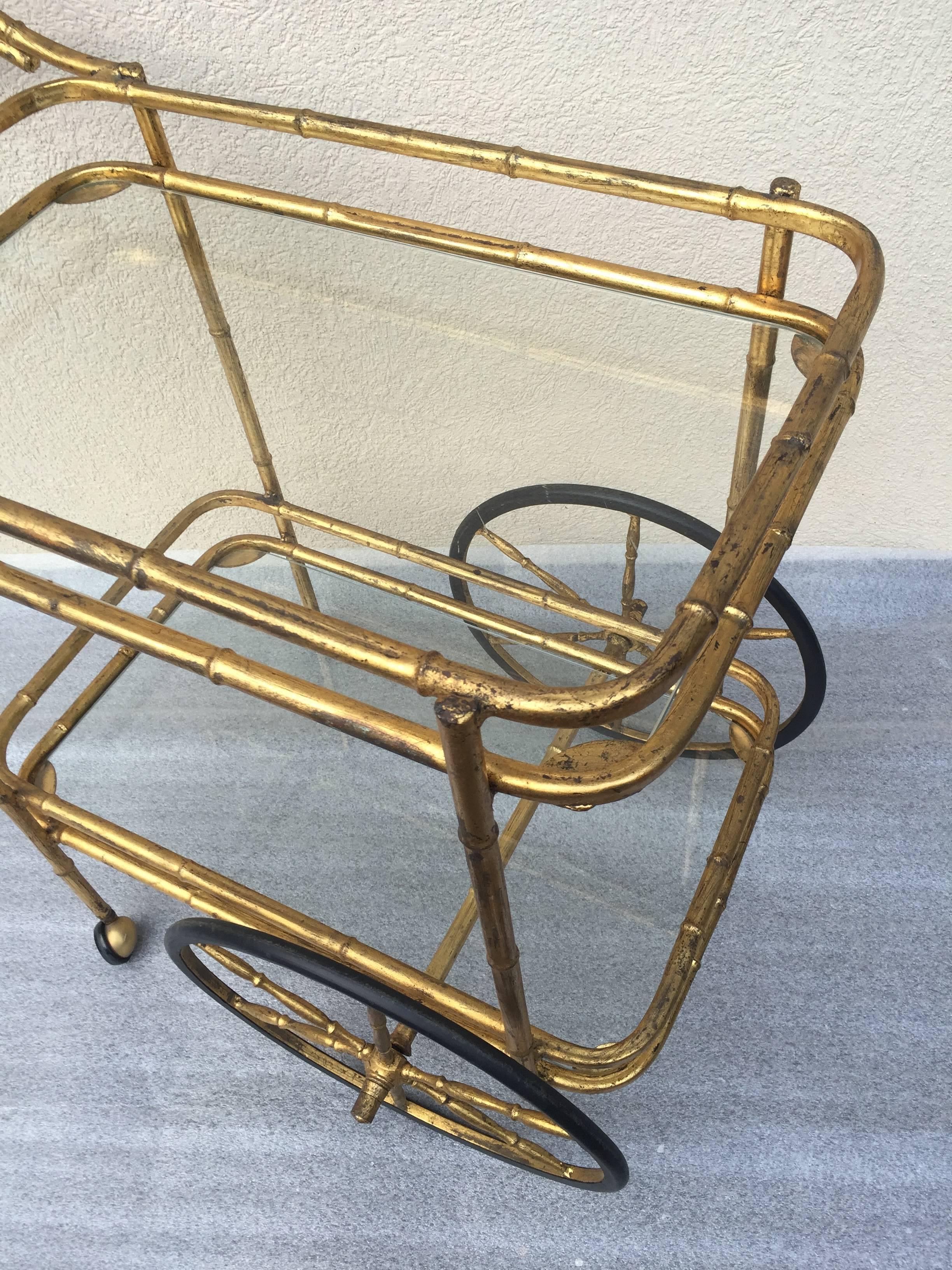North American Gilt Bamboo Iron Rolling Bar Cart For Sale