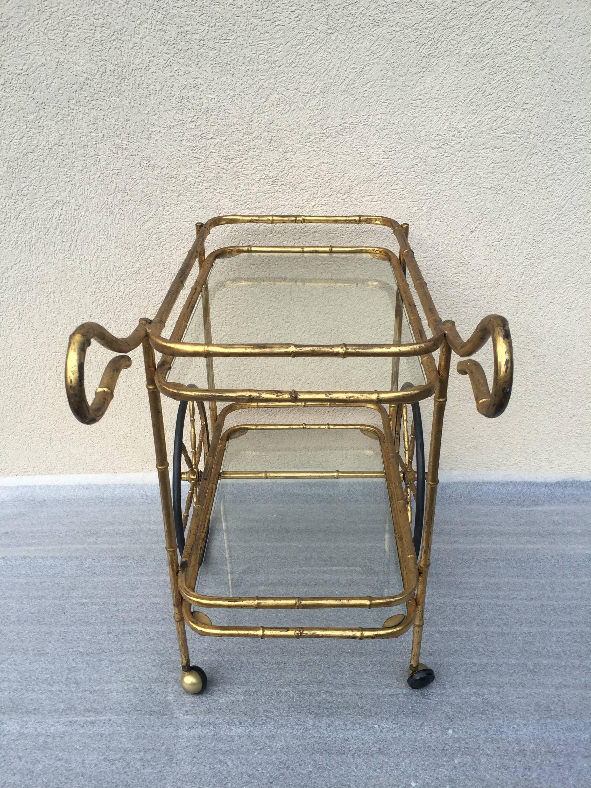20th Century Gilt Bamboo Iron Rolling Bar Cart For Sale