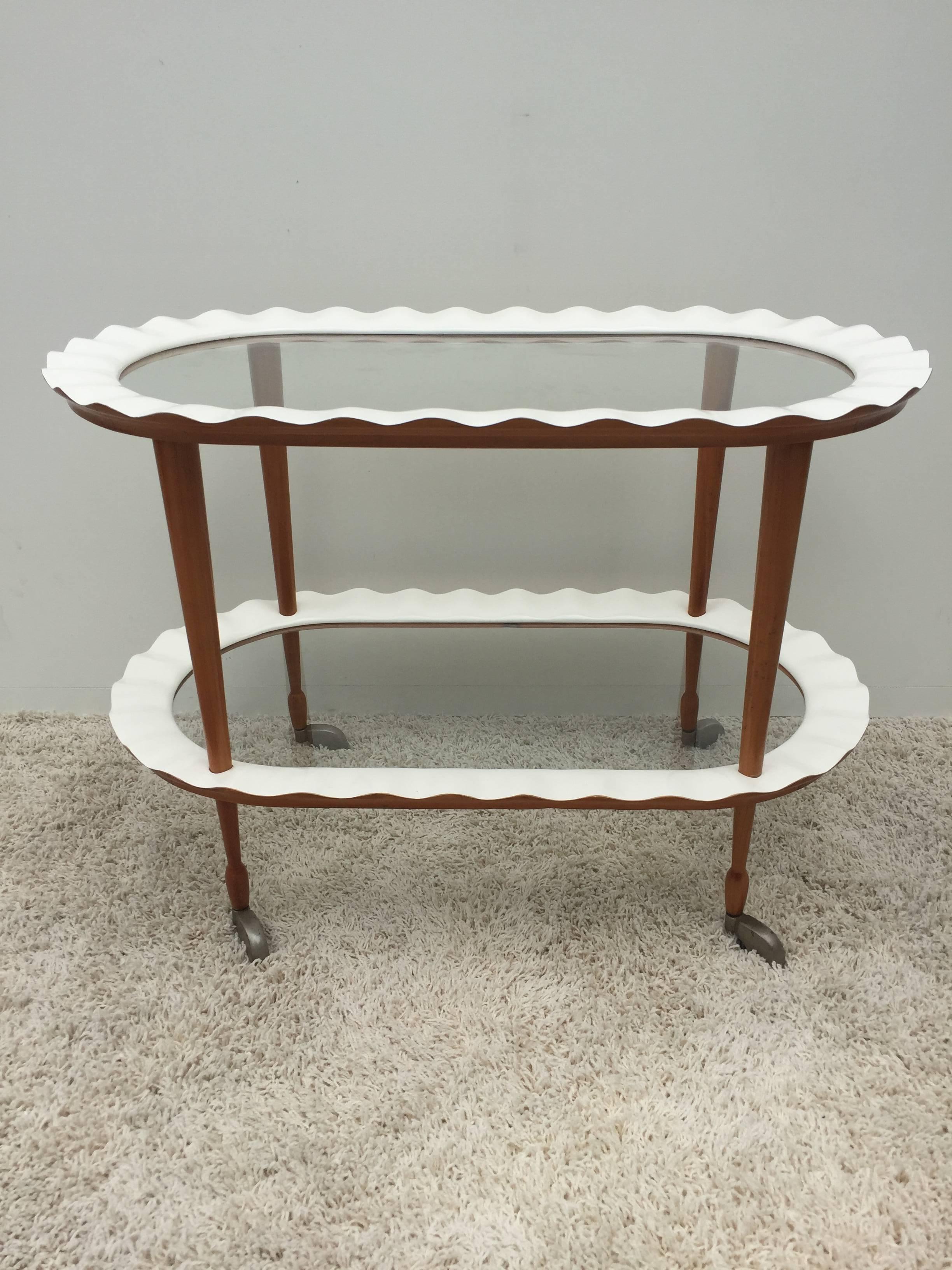 Mid-Century Modern Italian Lacquered Mohagany Two-Tier Glass Rolling Cart