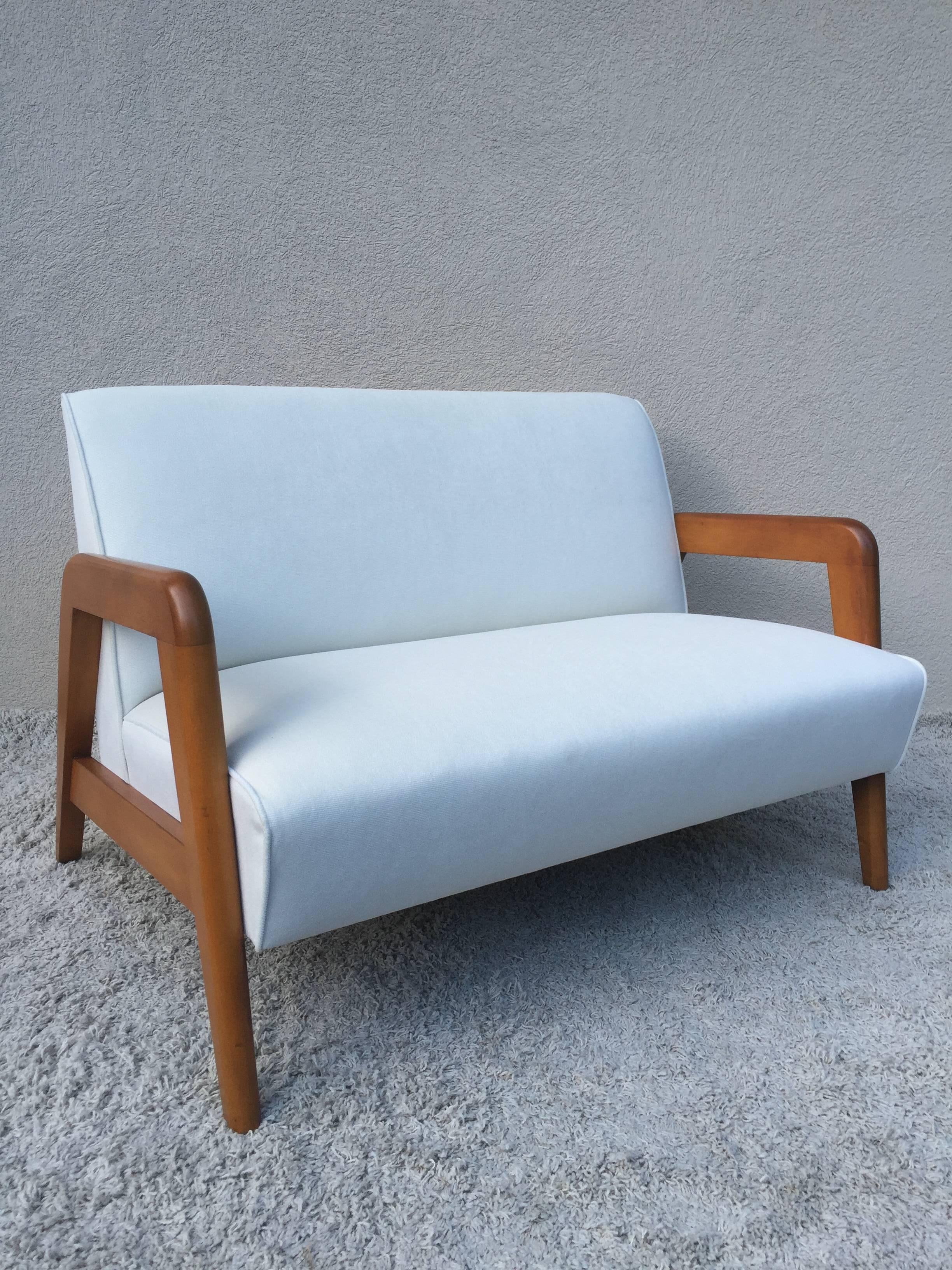 Leslie Diamond for Conant Ball Art Modern Love Seat  with modernist streamline arm design, petite size.