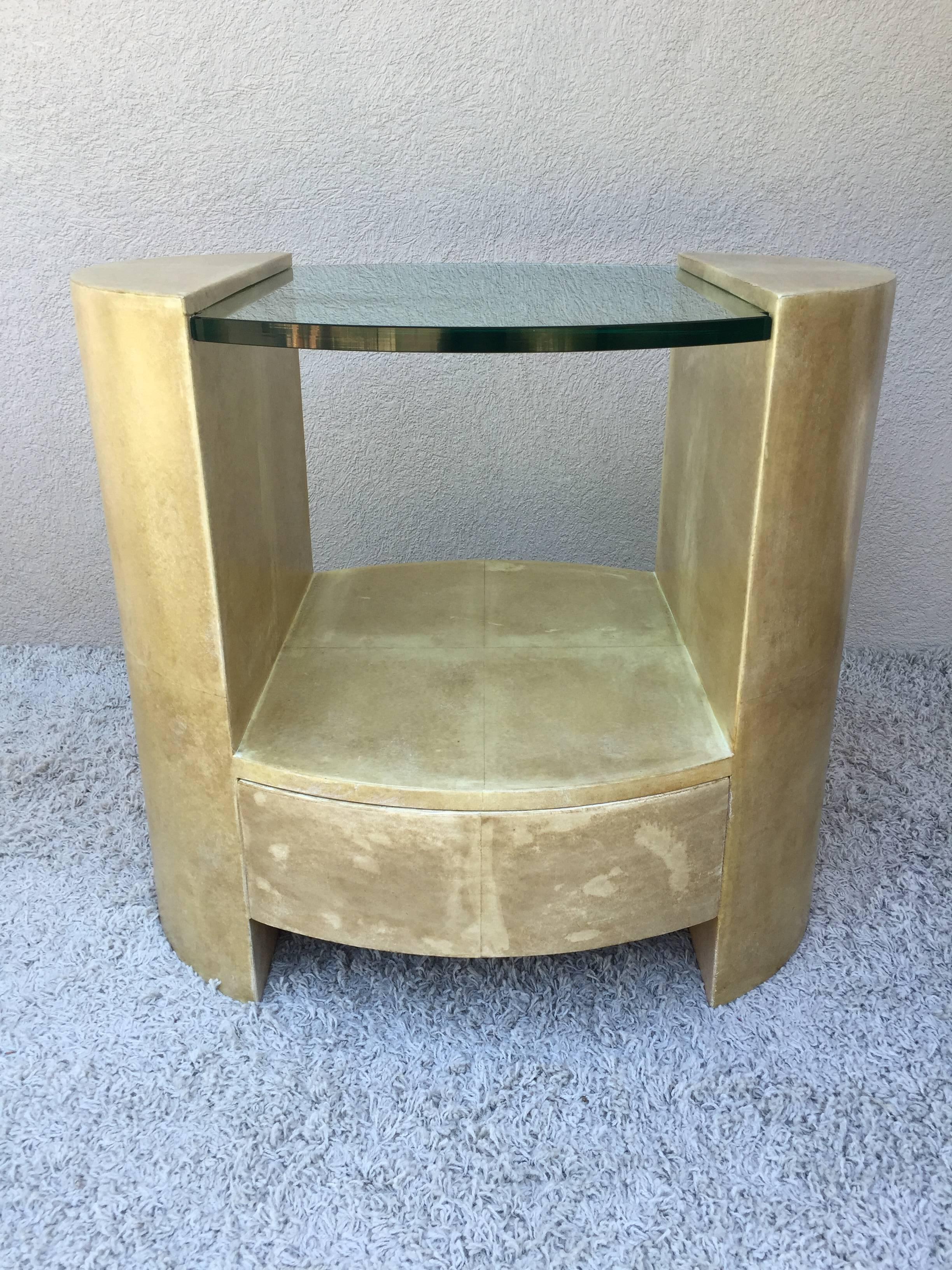 Pair of Ron Seff goatskin parchment colored glass side table/nightstands, with one large draw compartment custom one of a kind. With sectioned design in the manner of Samuel Marx. Beige tan natural skin tone.