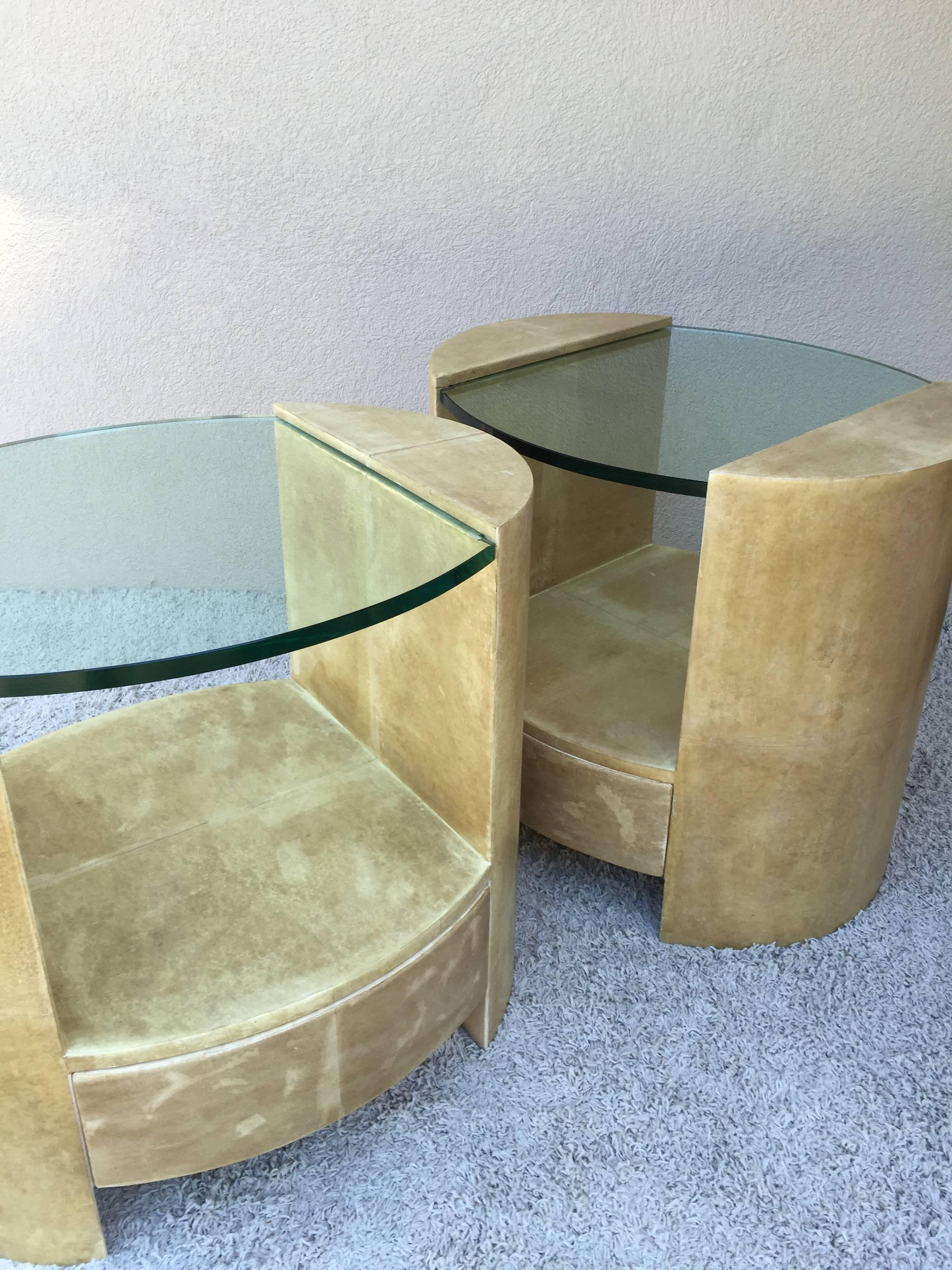 Pair of Ron Seff Goatskin Parchment Glass Side Tables /Nightstands Tables For Sale 1