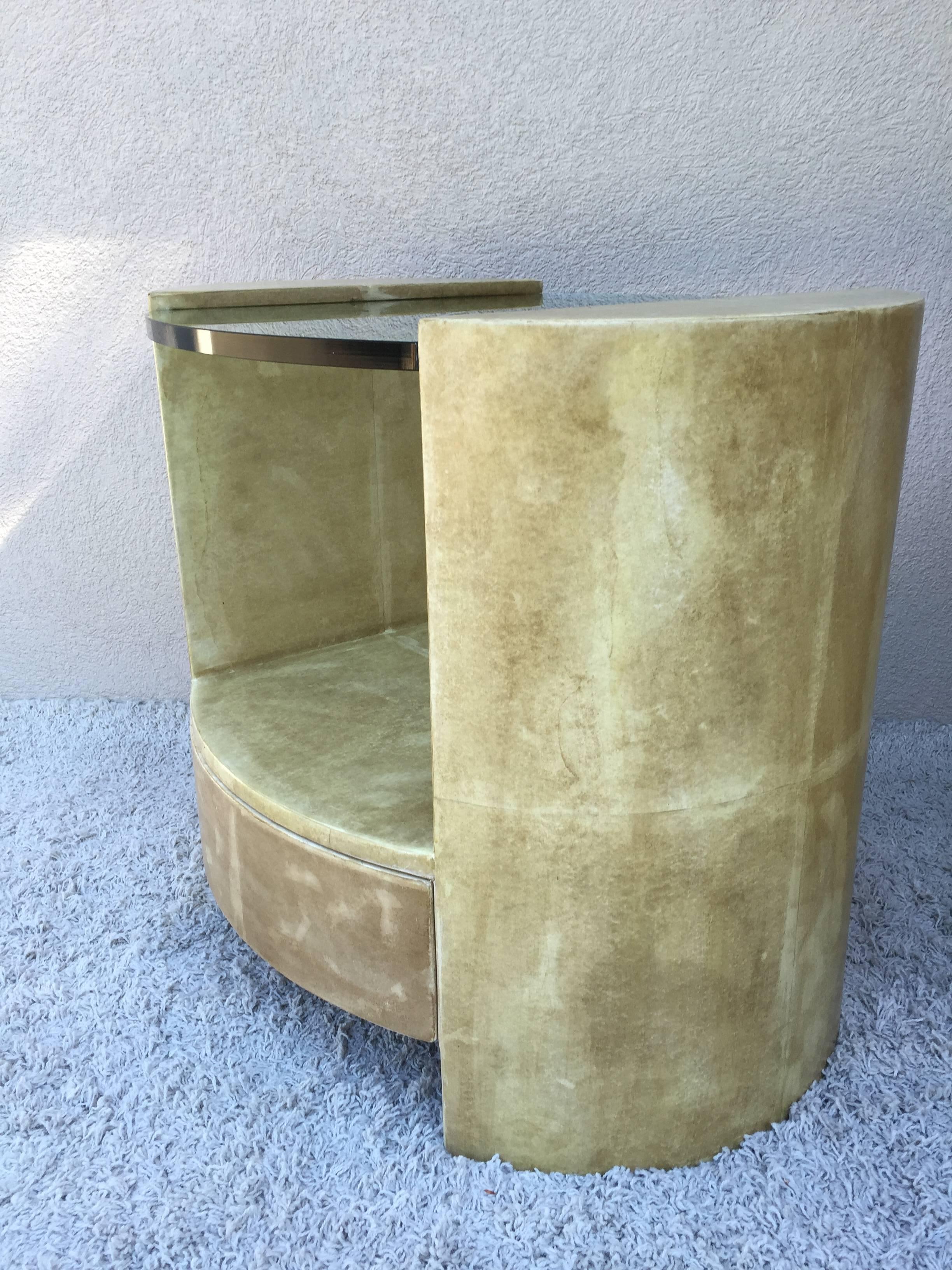 American Pair of Ron Seff Goatskin Parchment Glass Side Tables /Nightstands Tables For Sale