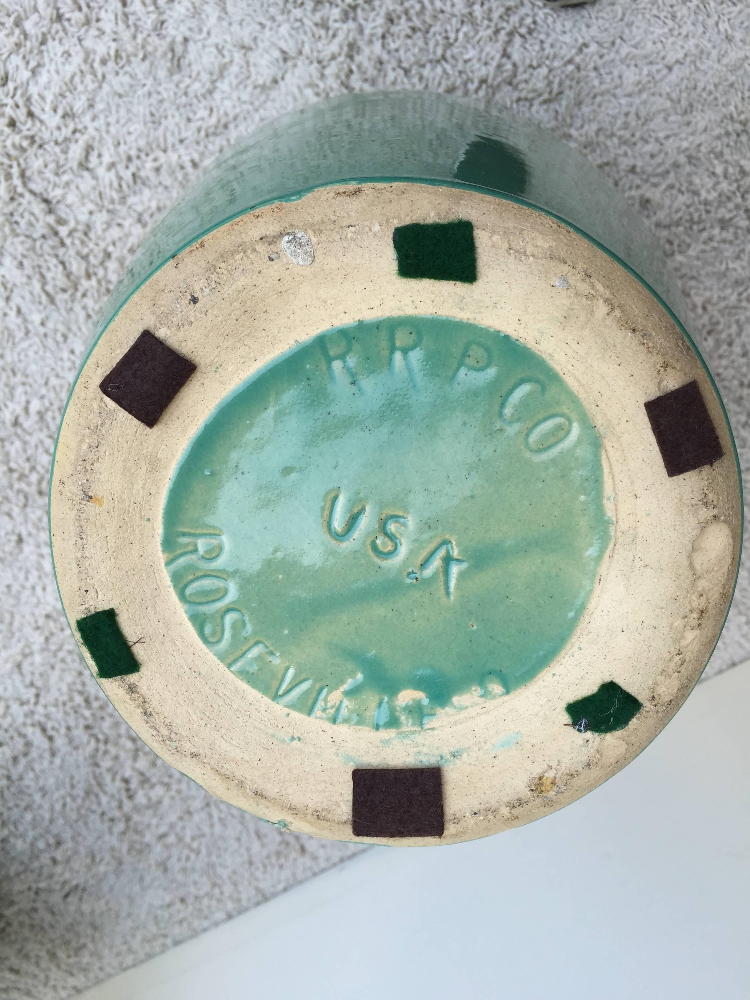 Paar massiver Roseville Ohio Co Keramik Jadiniers Turquiose handbemalt (20. Jahrhundert) im Angebot