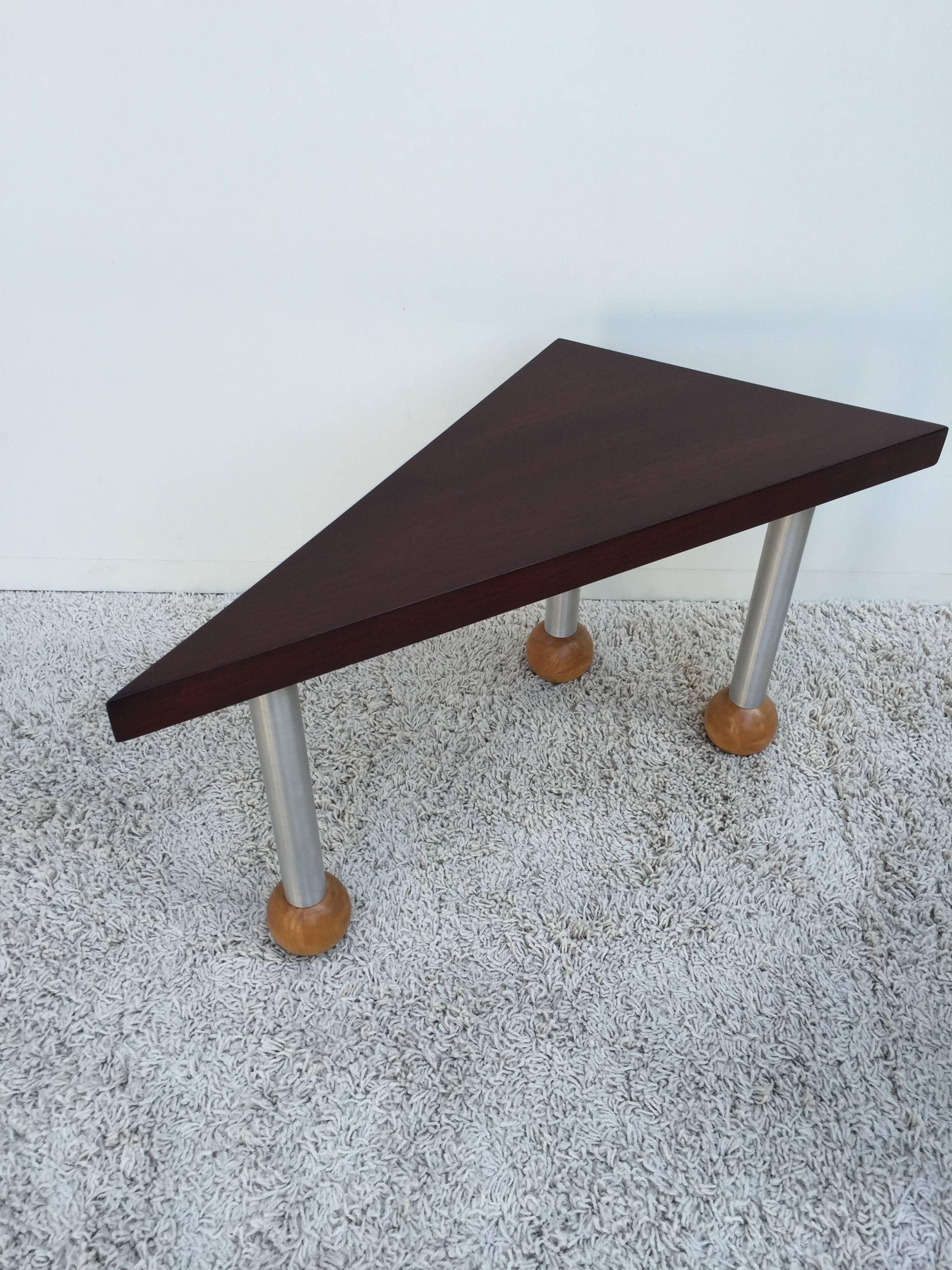 American Pair Triangular Tables Spun Aluminum Legs Blonde Mahogany Ball Feet Russel Wrigh
