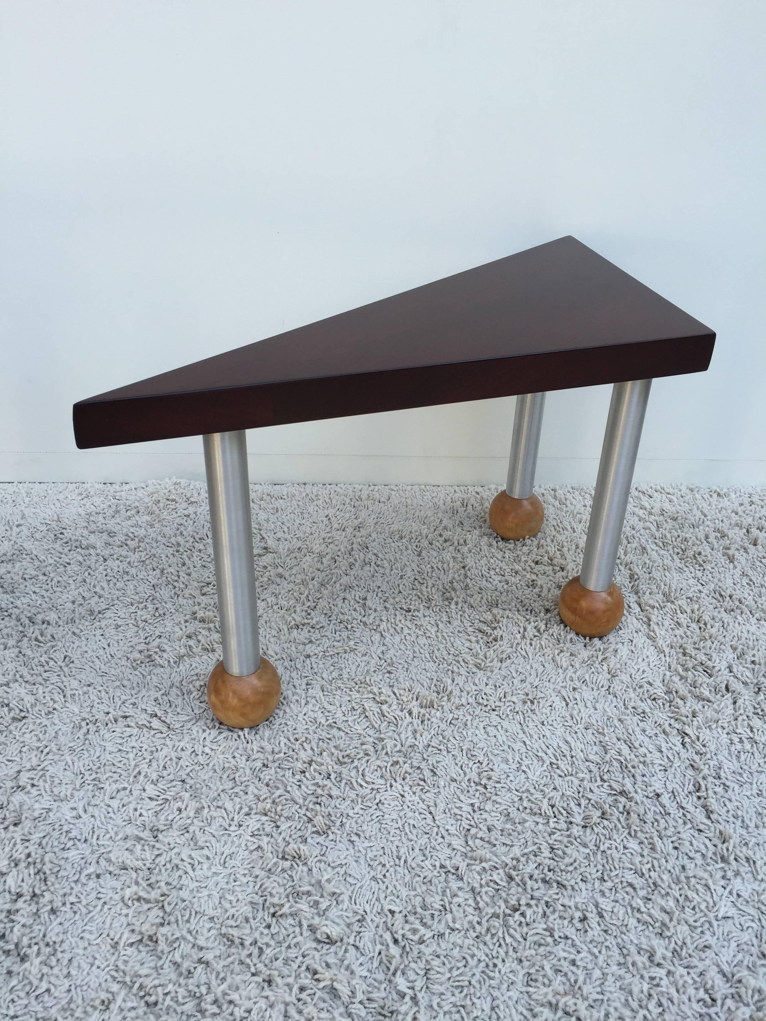 Pair Triangular Tables Spun Aluminum Legs Blonde Mahogany Ball Feet Russel Wrigh In Excellent Condition In Westport, CT