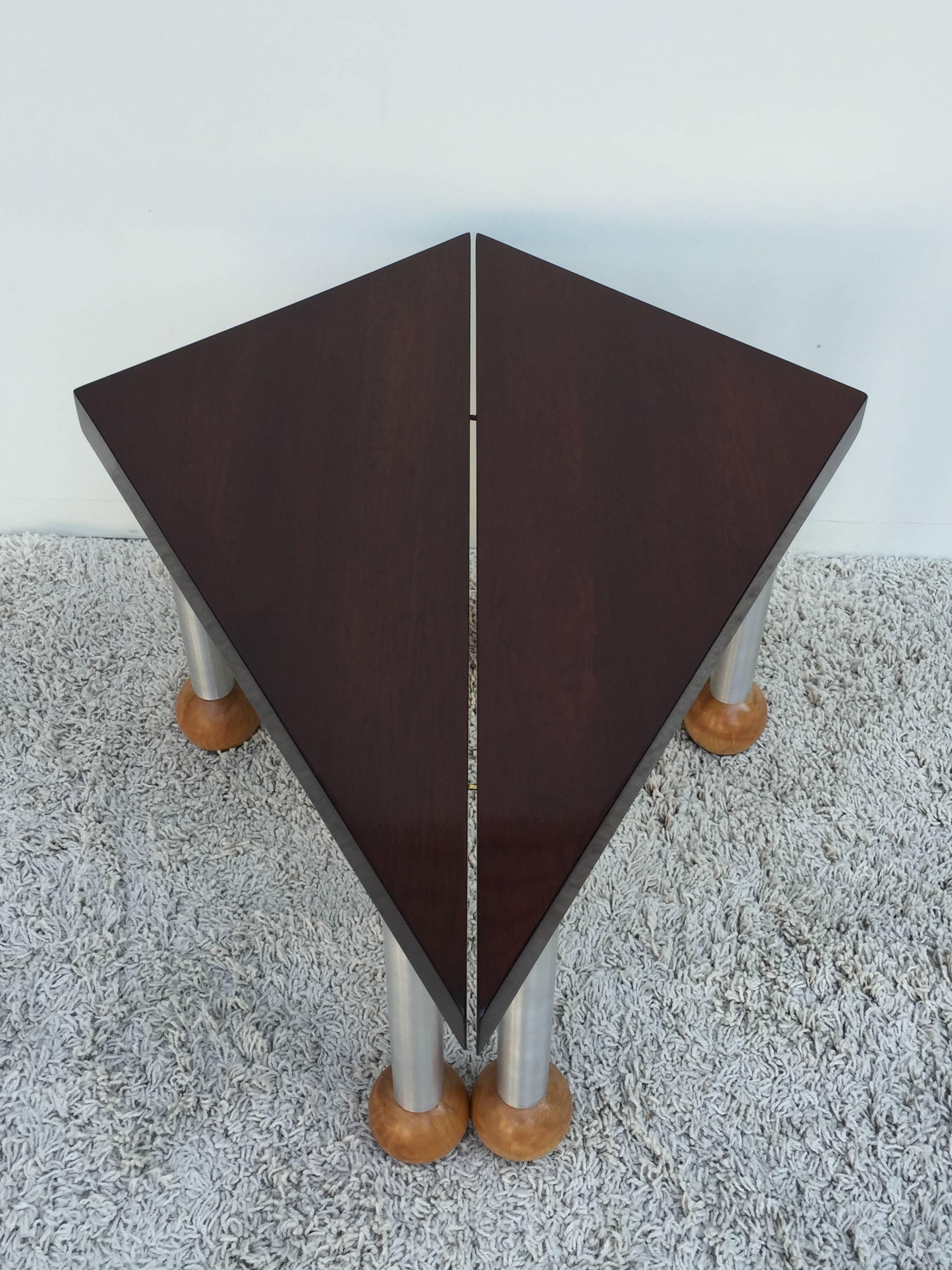 20th Century Pair Triangular Tables Spun Aluminum Legs Blonde Mahogany Ball Feet Russel Wrigh