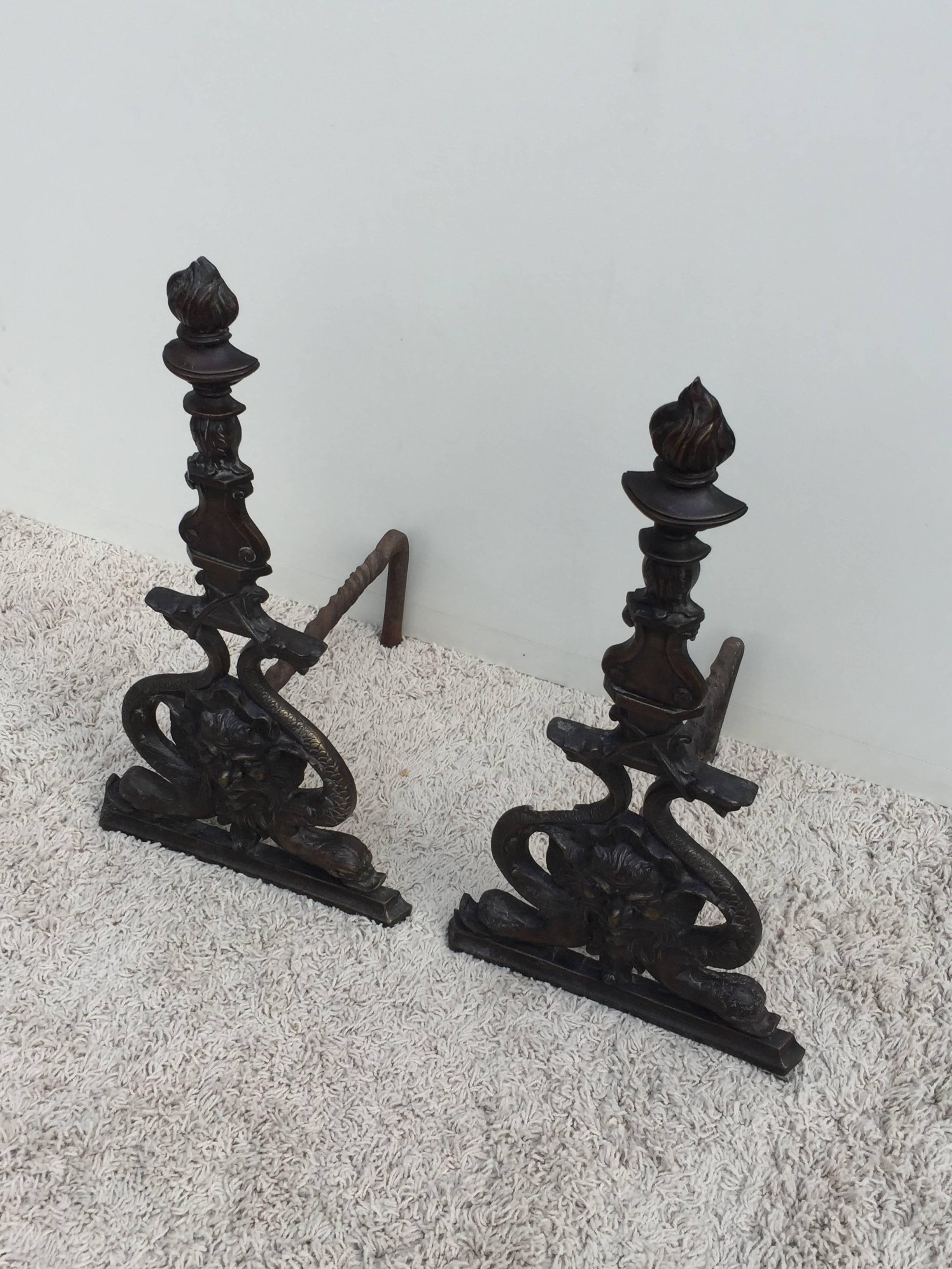 20th Century French Edgar Brandt Style Bronze Poseidon Dolphin Andirons For Sale