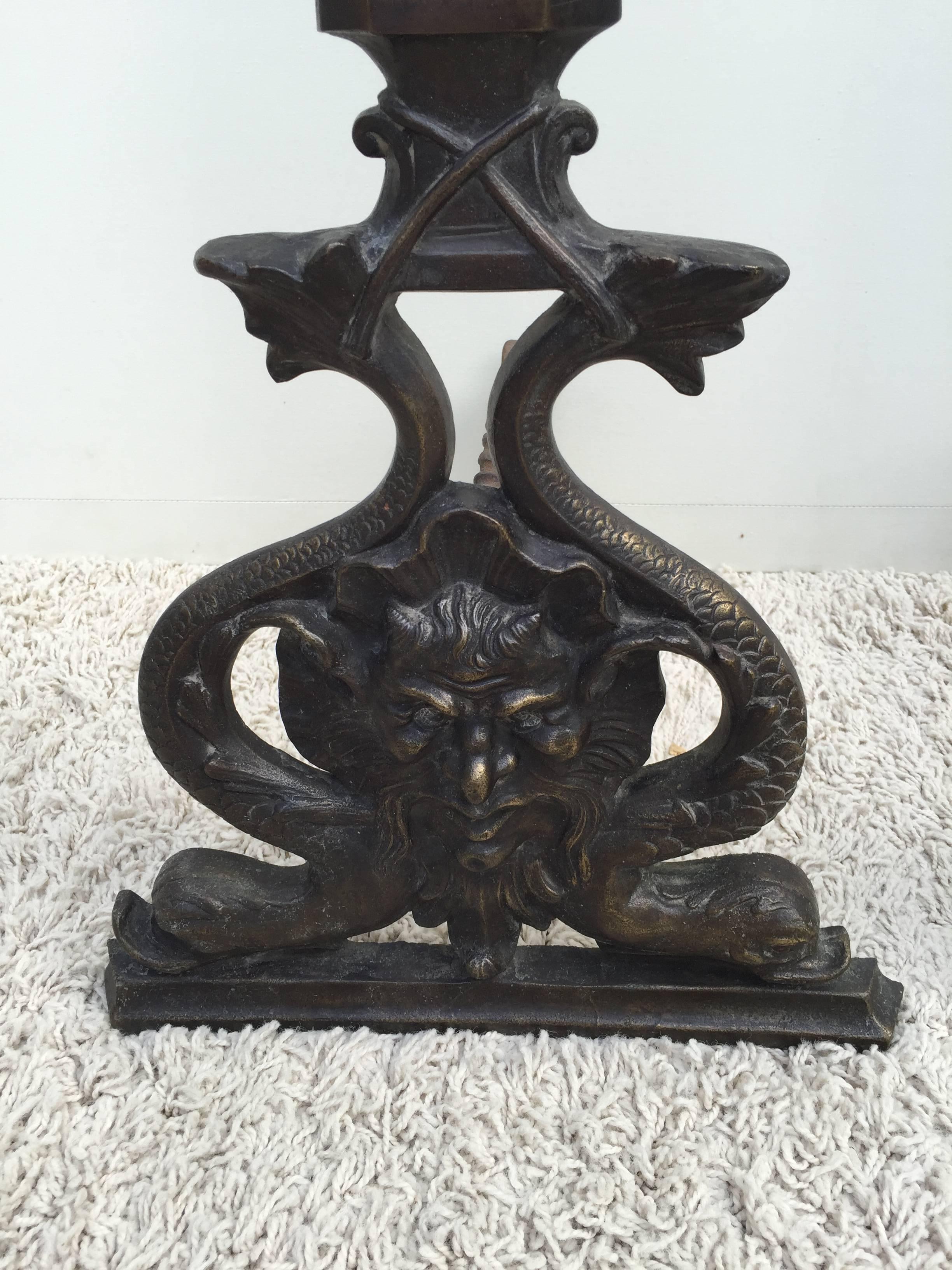 French Edgar Brandt Style Bronze Poseidon Dolphin Andirons In Excellent Condition For Sale In Westport, CT