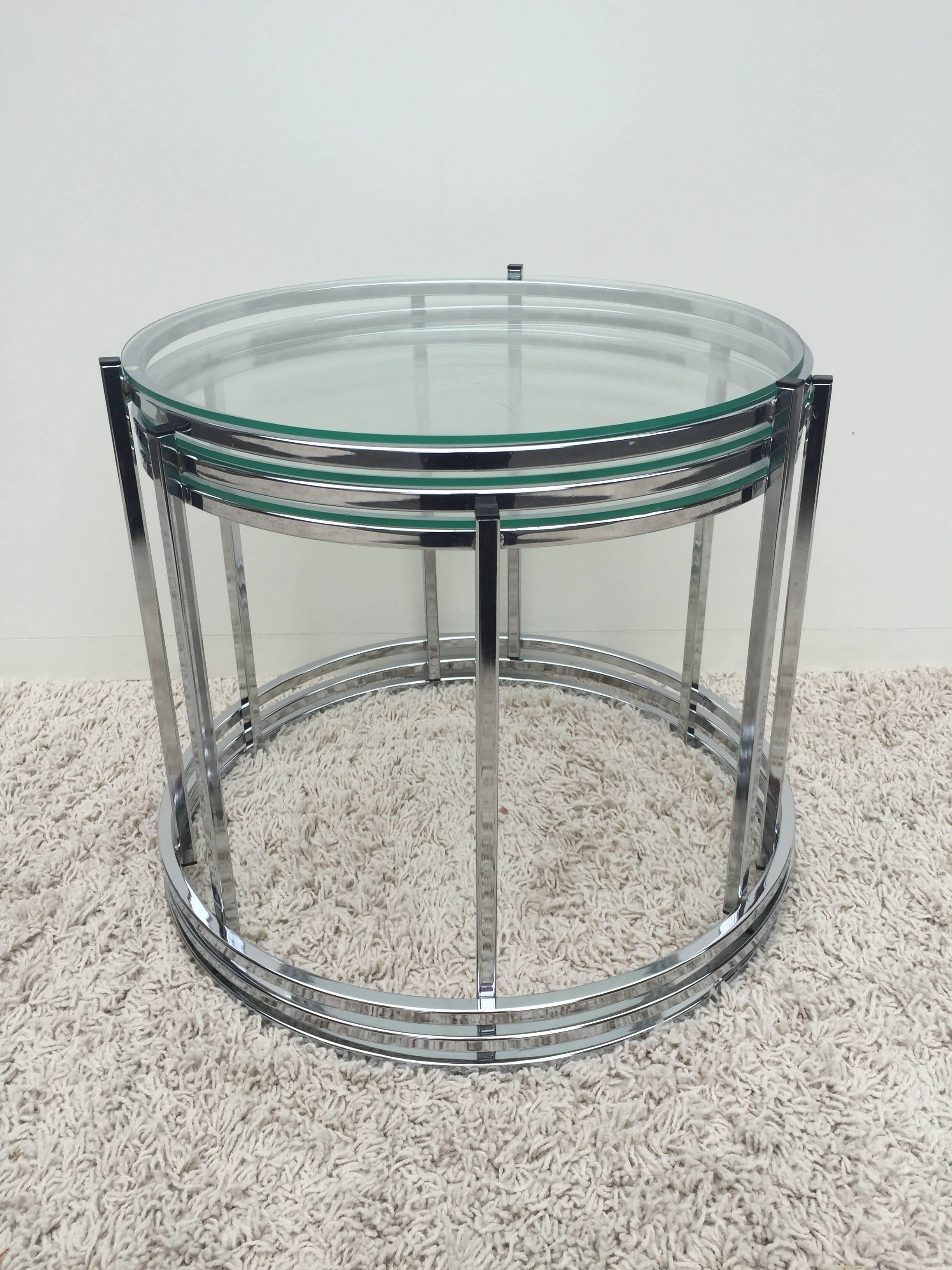 Milo Baughman style chrome glass stacking/nesting side tables, versatile design, great for serving and cluster tables.