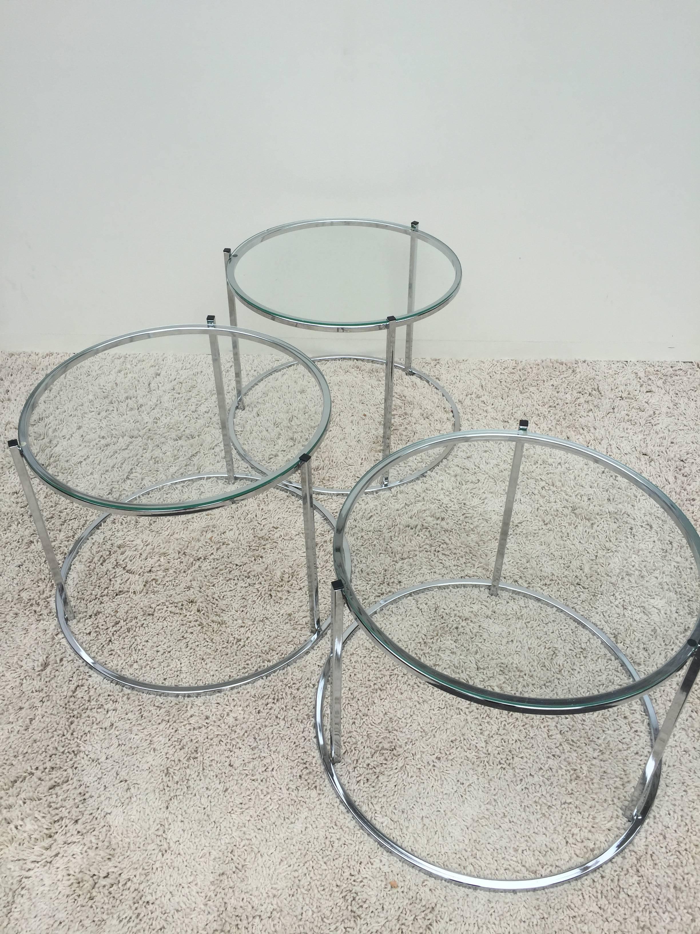 Mid-Century Modern Milo Baughman Style Chrome Glass Stacking/Nesting Side Tables For Sale