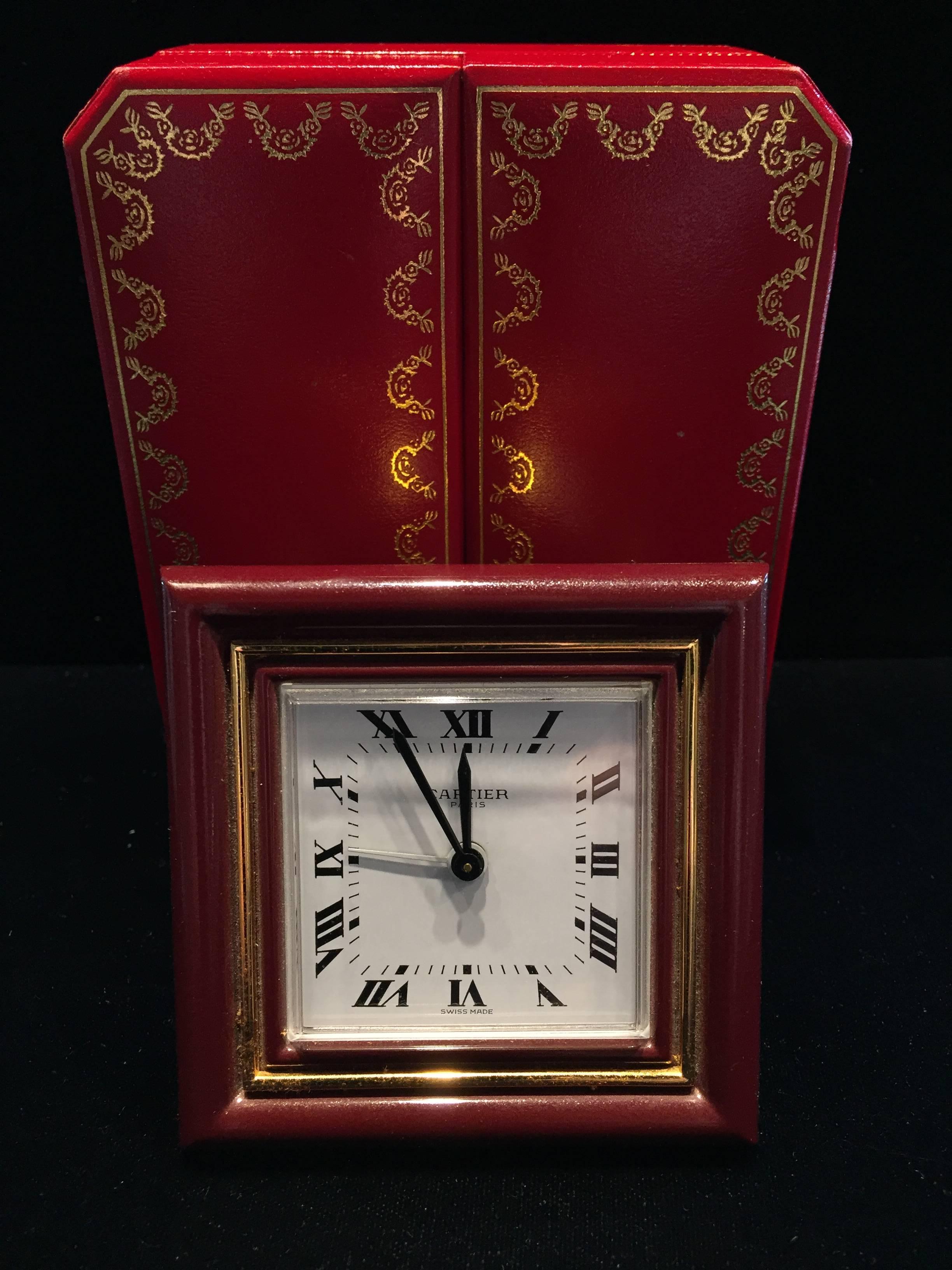 French Cartier Classic Burgundy Enamel Clock/Travel Alarm Clock Original Leather Box