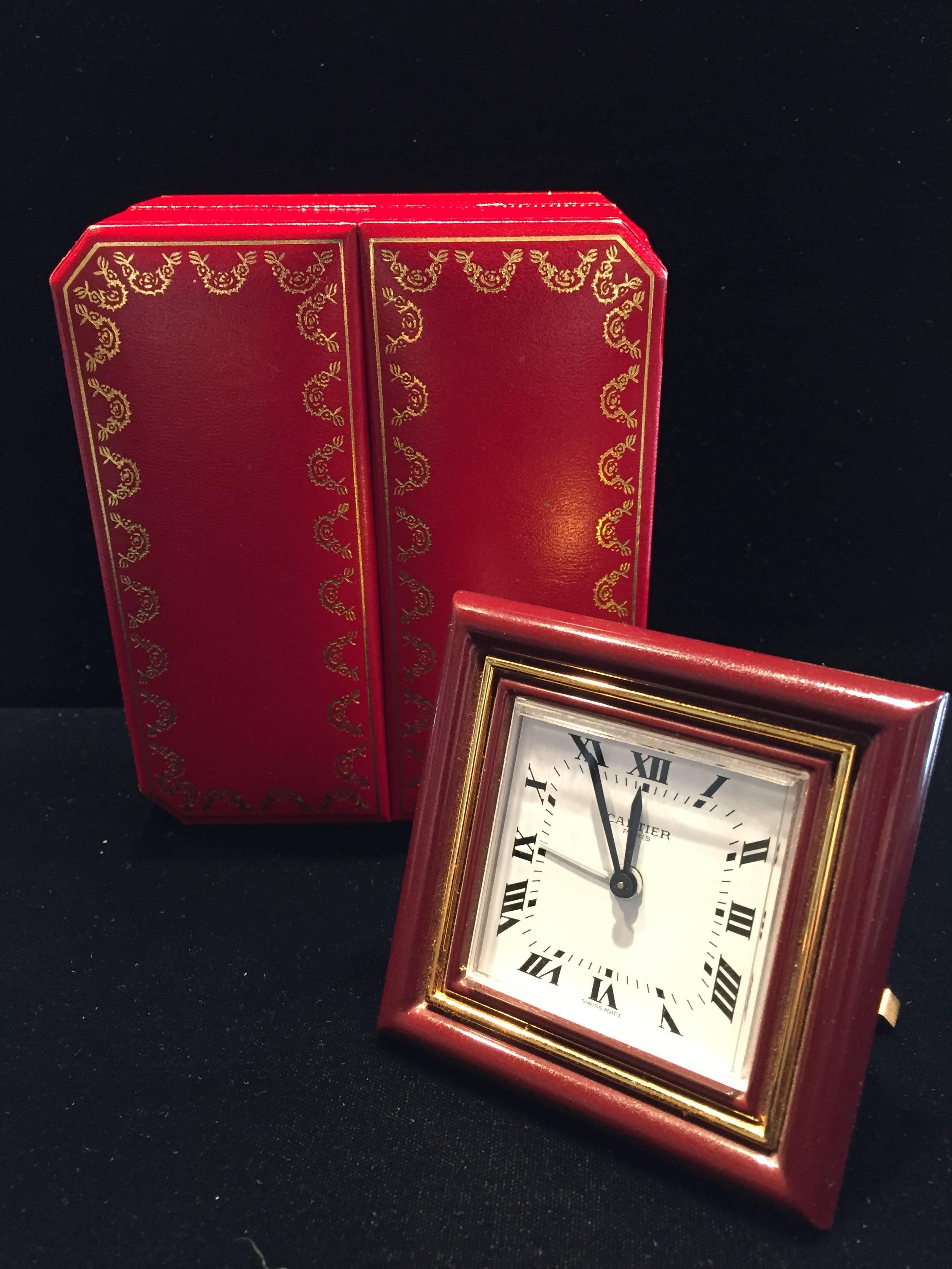 Mid-Century Modern Cartier Classic Burgundy Enamel Clock/Travel Alarm Clock Original Leather Box
