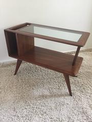Signed Fabri-Ass, End Table or Magazine Holder Two-Tier Glass Walnut Side Table